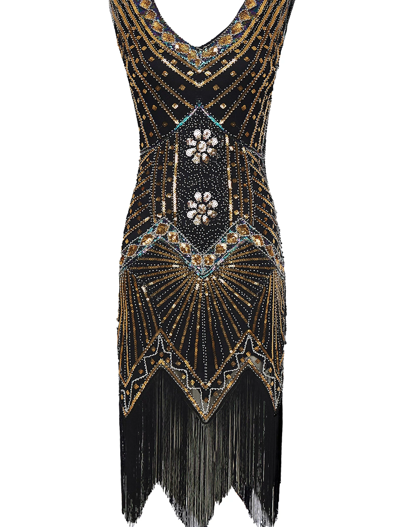 Sleeveless V-Neck Cocktail Party Dress | Black/Gold | 3