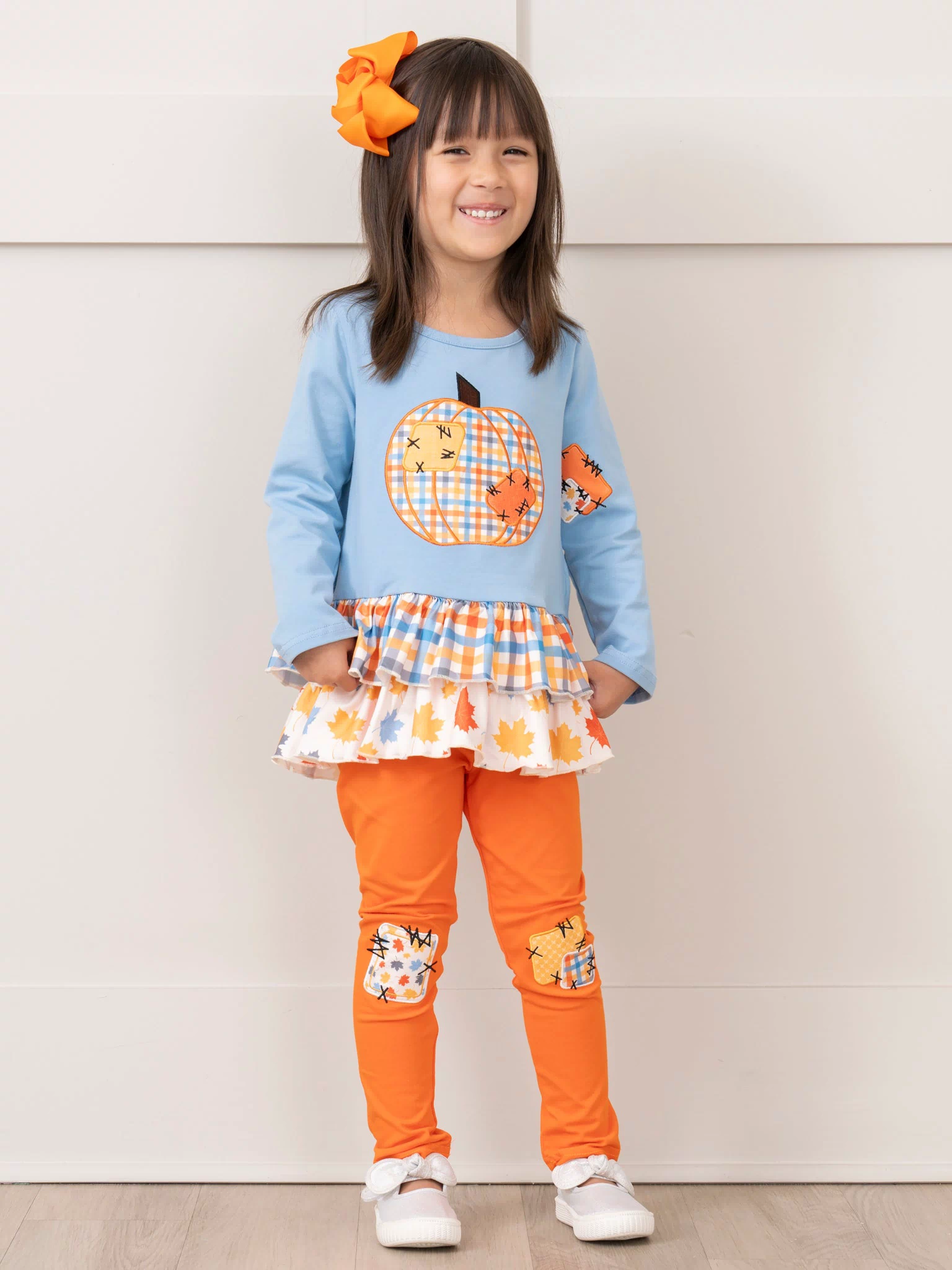 Soft Blue & Orange Gingham Patch Ruffle Outfit