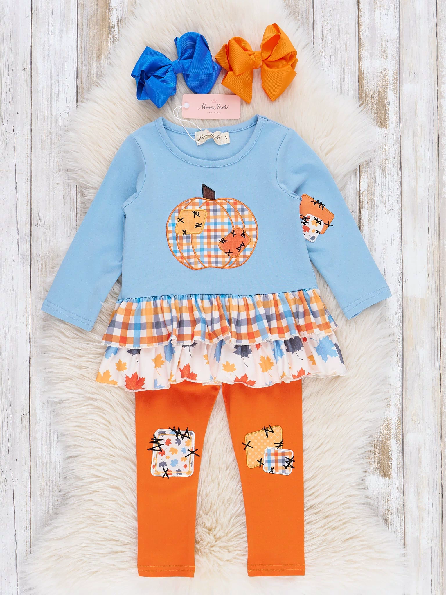 Soft Blue & Orange Gingham Patch Ruffle Outfit - Marie Nicole Clothing