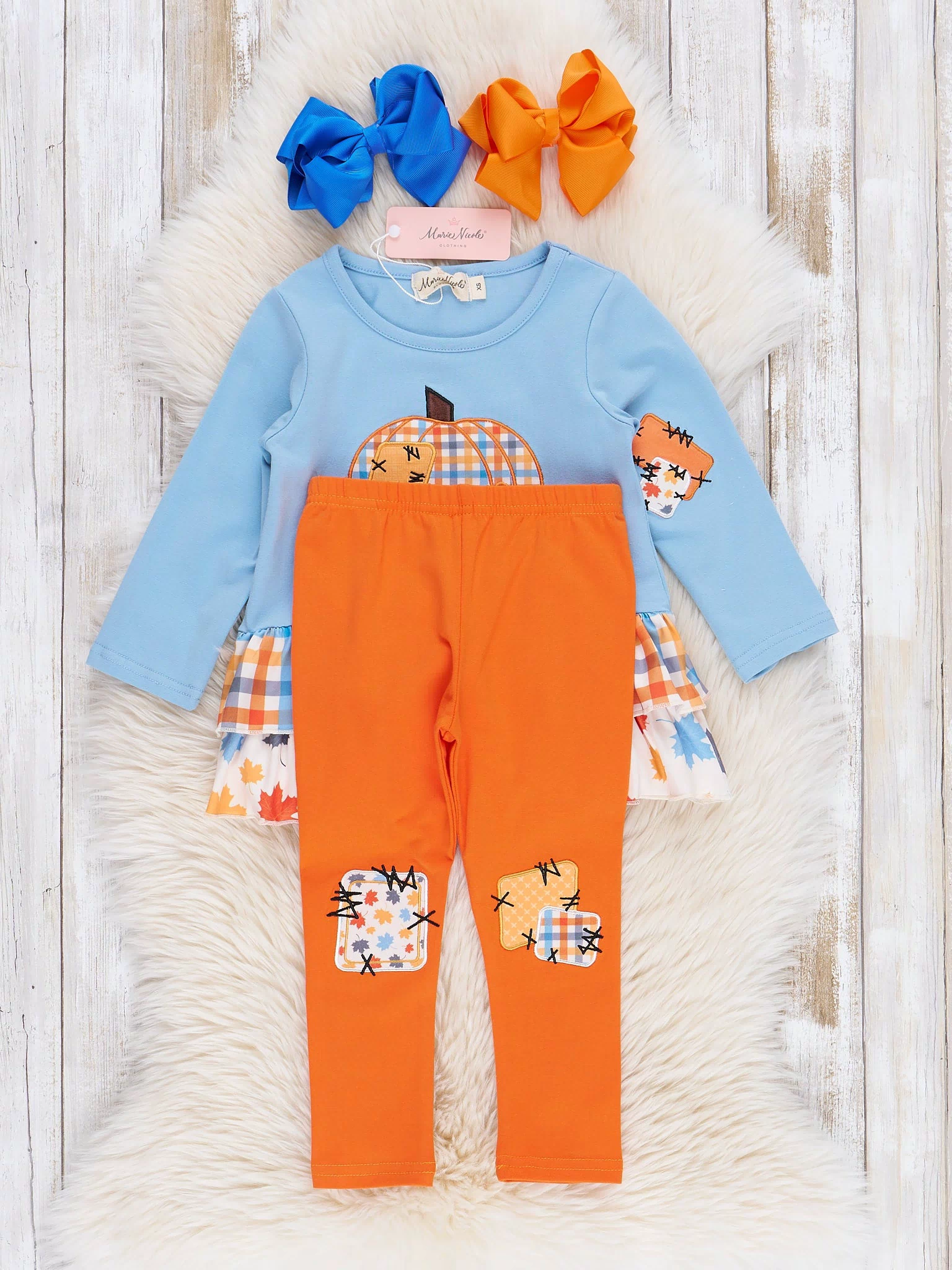 Soft Blue & Orange Gingham Patch Ruffle Outfit - Marie Nicole Clothing
