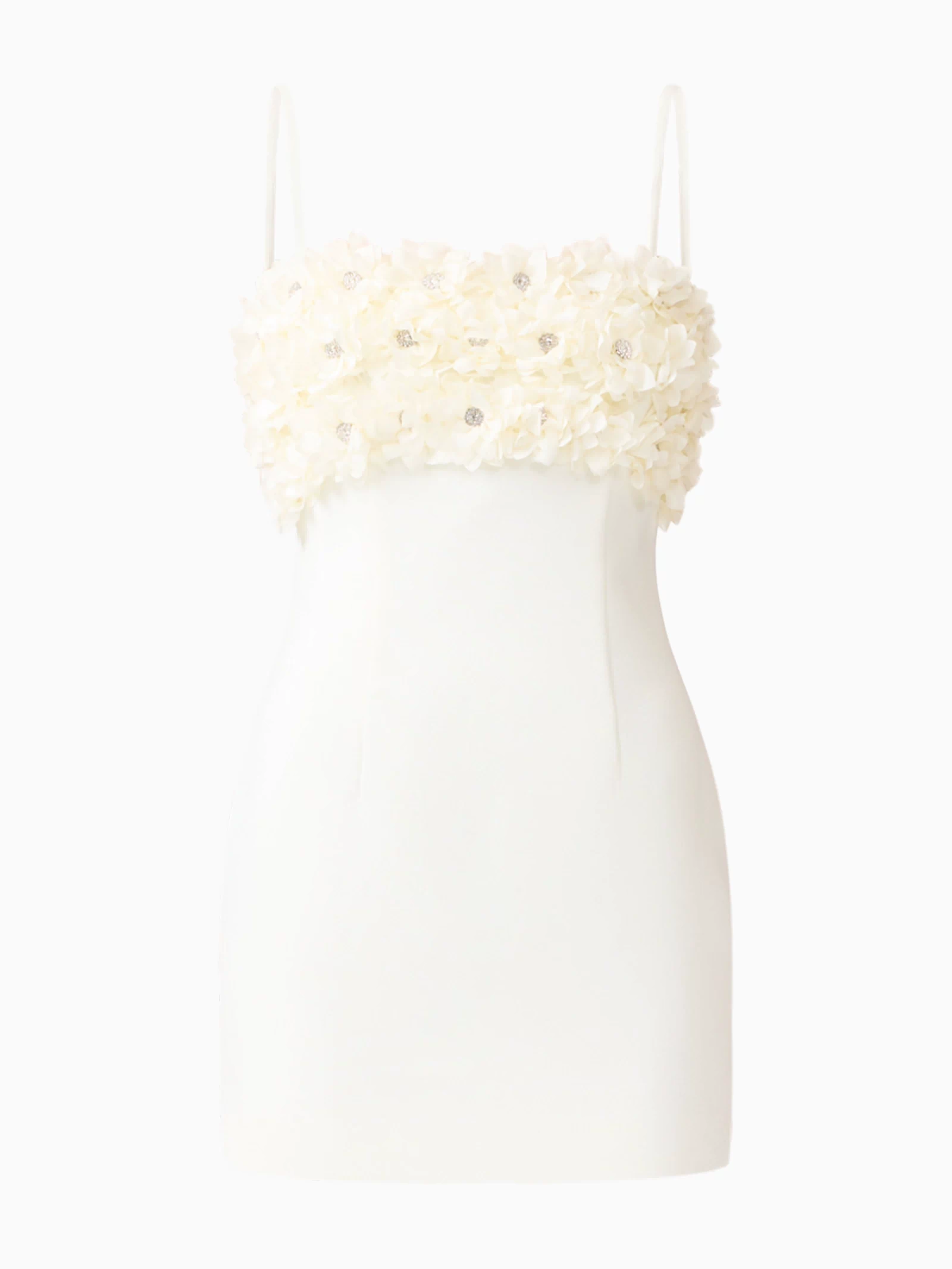 Solenne Party Mini Dress in White with a 3D floral detail ghost shot