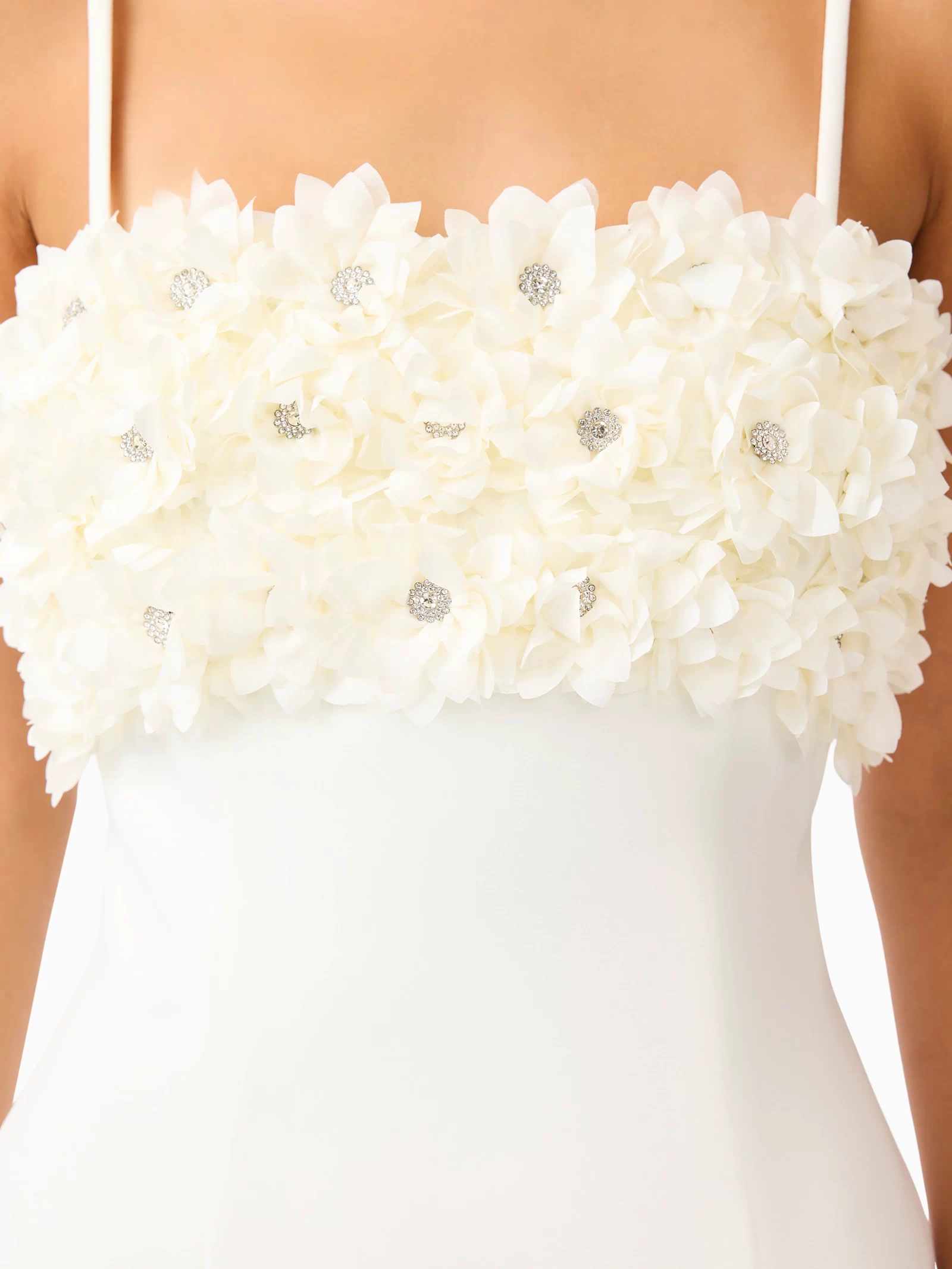 Solenne Party Mini Dress in White with a 3D floral detail shot