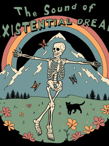 Black graphic tee featuring skeleton with arms spread wide on colorful mountain landscape with flowers and butterflies, text