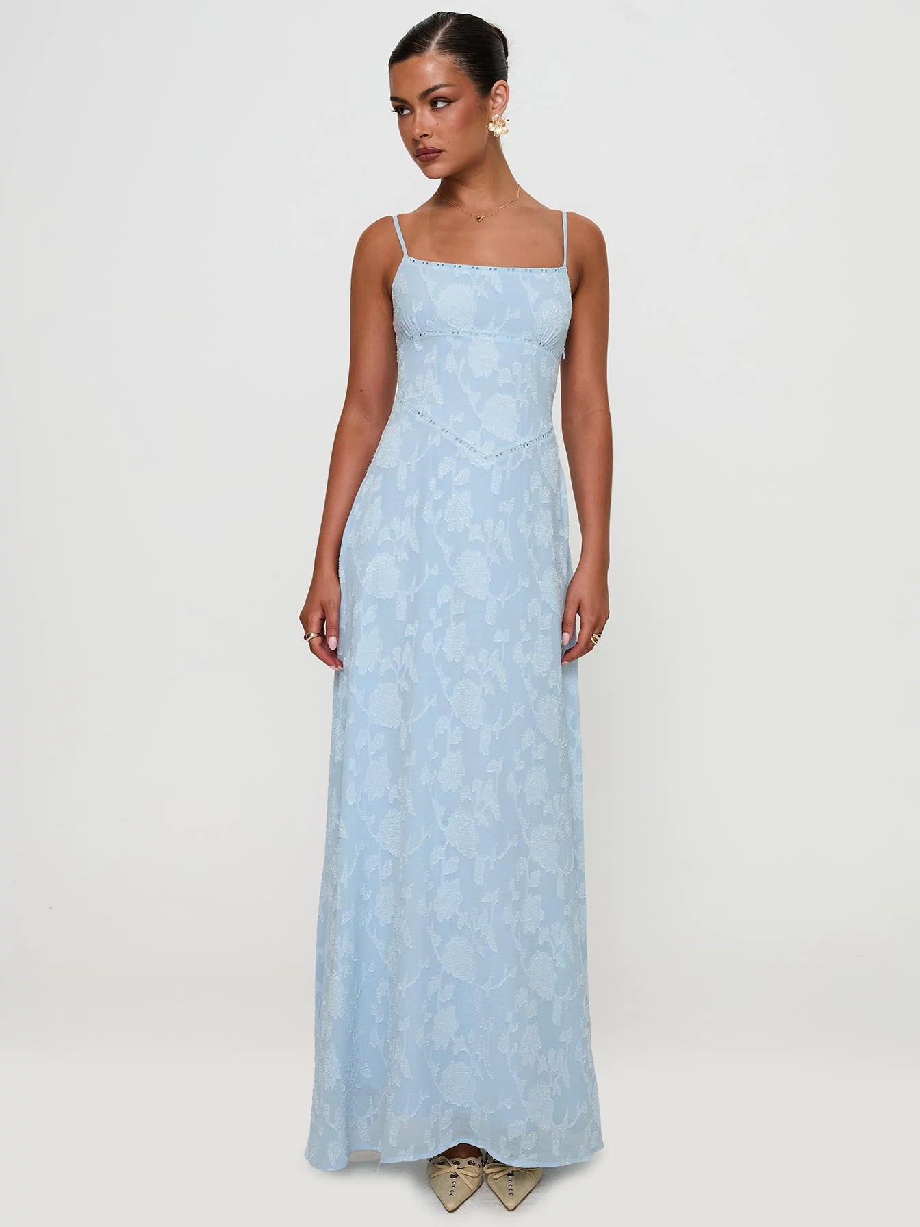 back view of model wearing Princess Polly South Of France Maxi Dress Blue Square Neck 