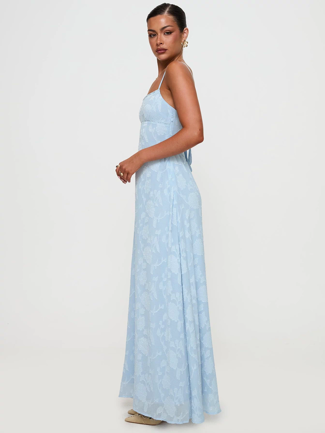 side view of model wearing Princess Polly South Of France Maxi Dress Blue Square Neck 