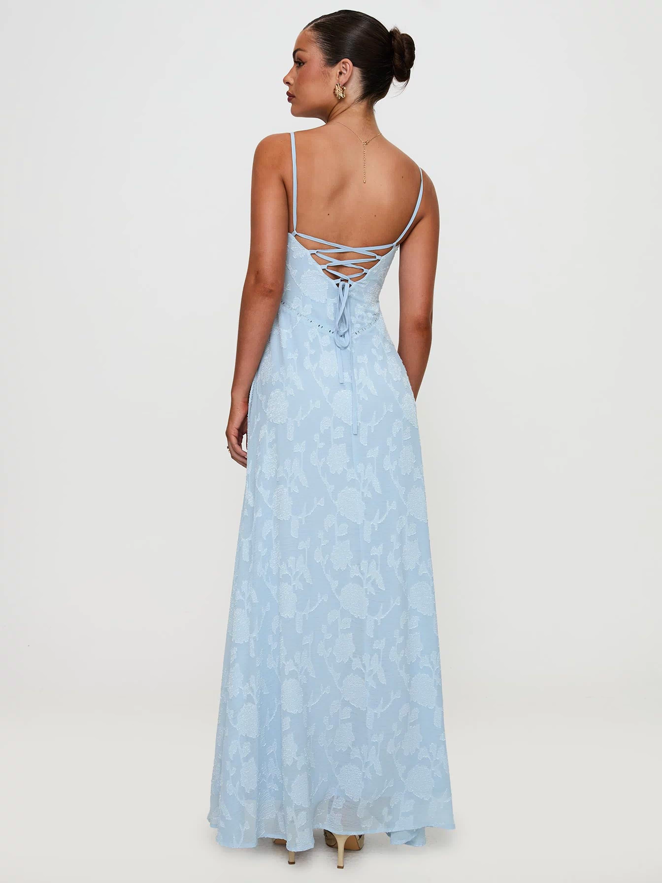 back view of model wearing Princess Polly South Of France Maxi Dress Blue Square Neck 