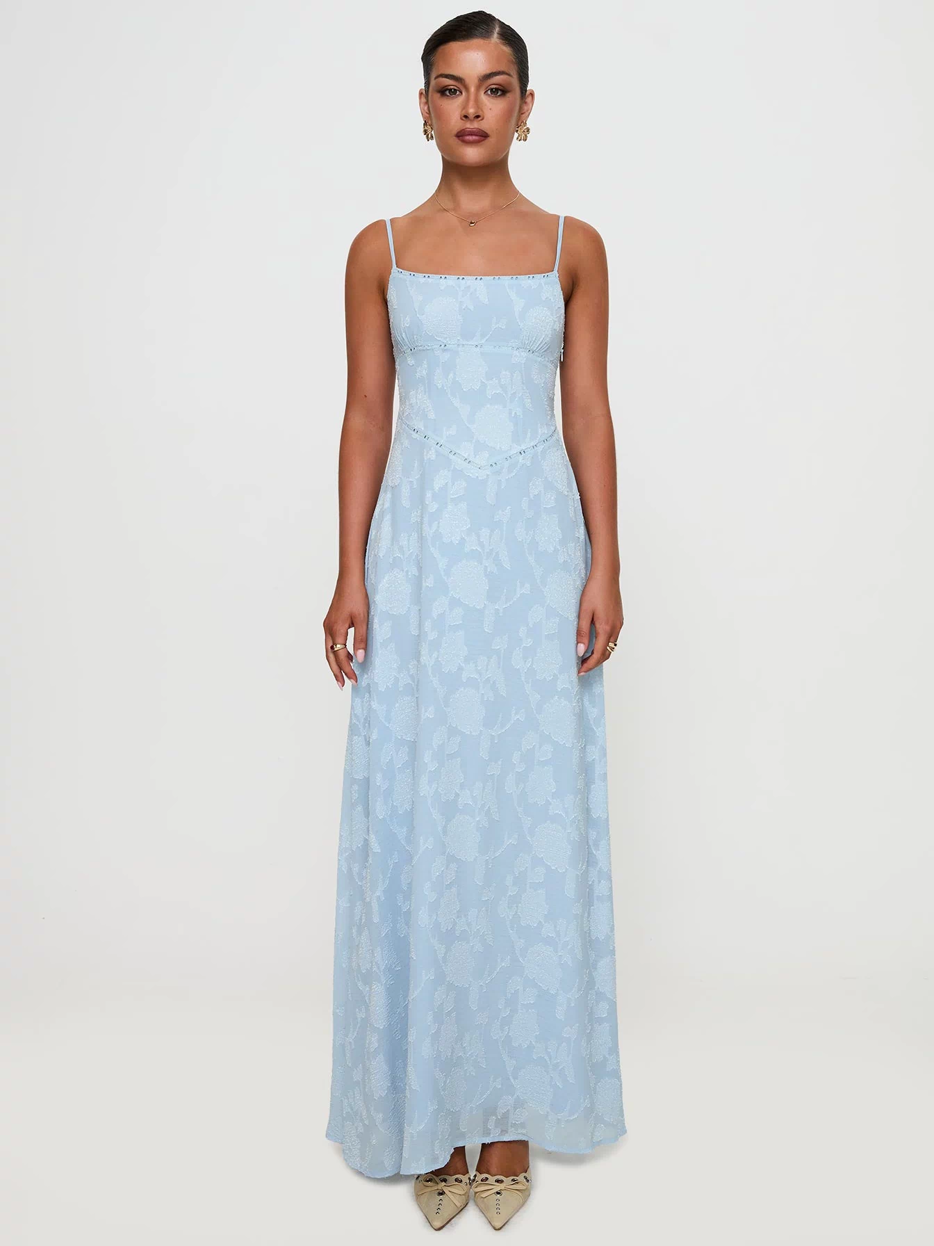side view of model wearing Princess Polly South Of France Maxi Dress Blue Square Neck 