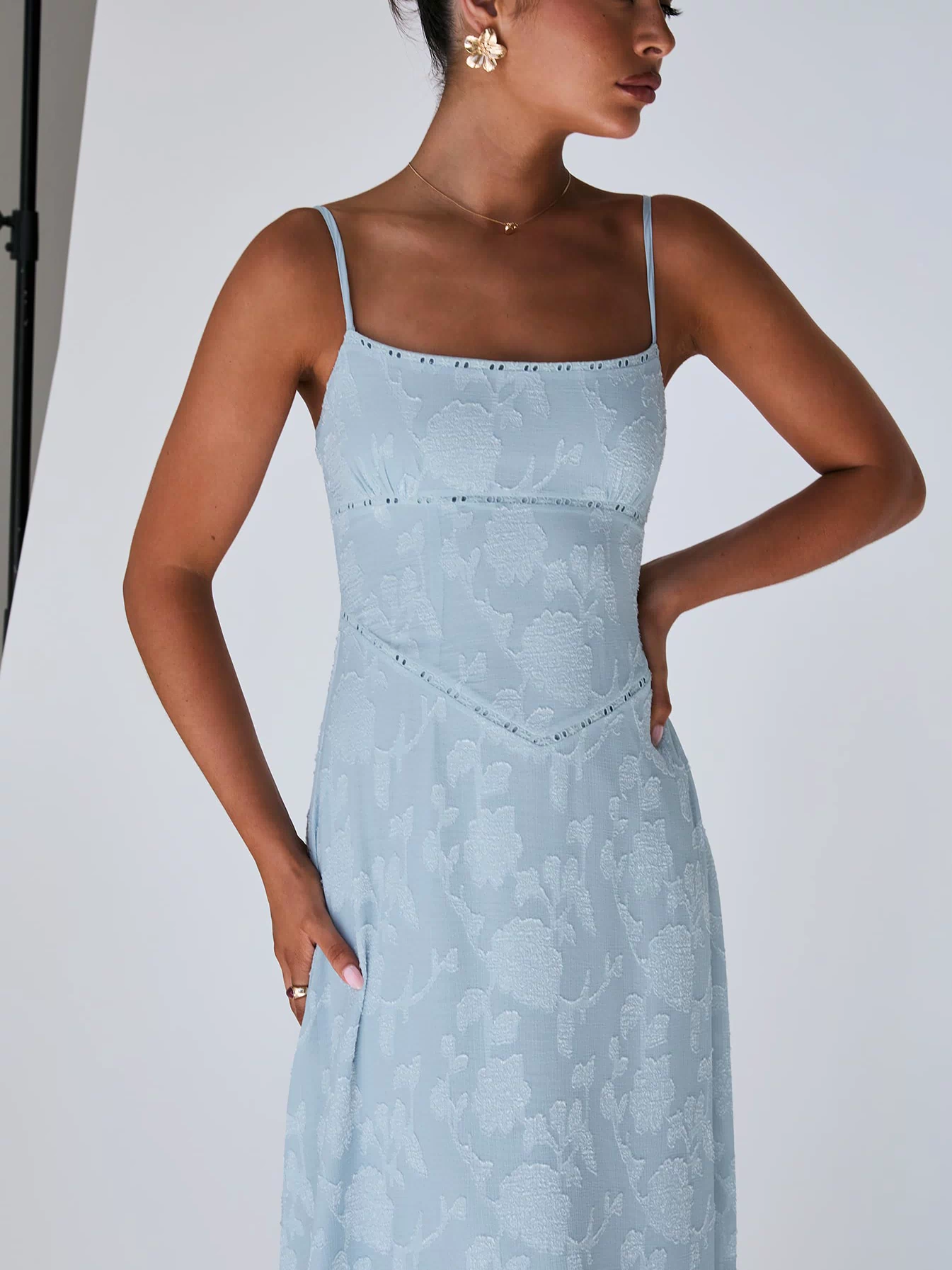 front view of model wearing Princess Polly South Of France Maxi Dress Blue Square Neck 