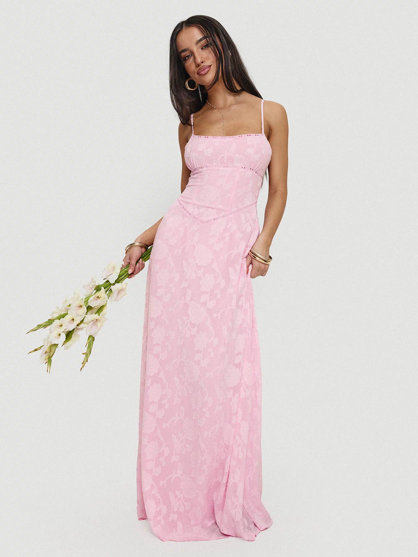 front view of model wearing Princess Polly South Of France Maxi Dress Pink Square Neck 