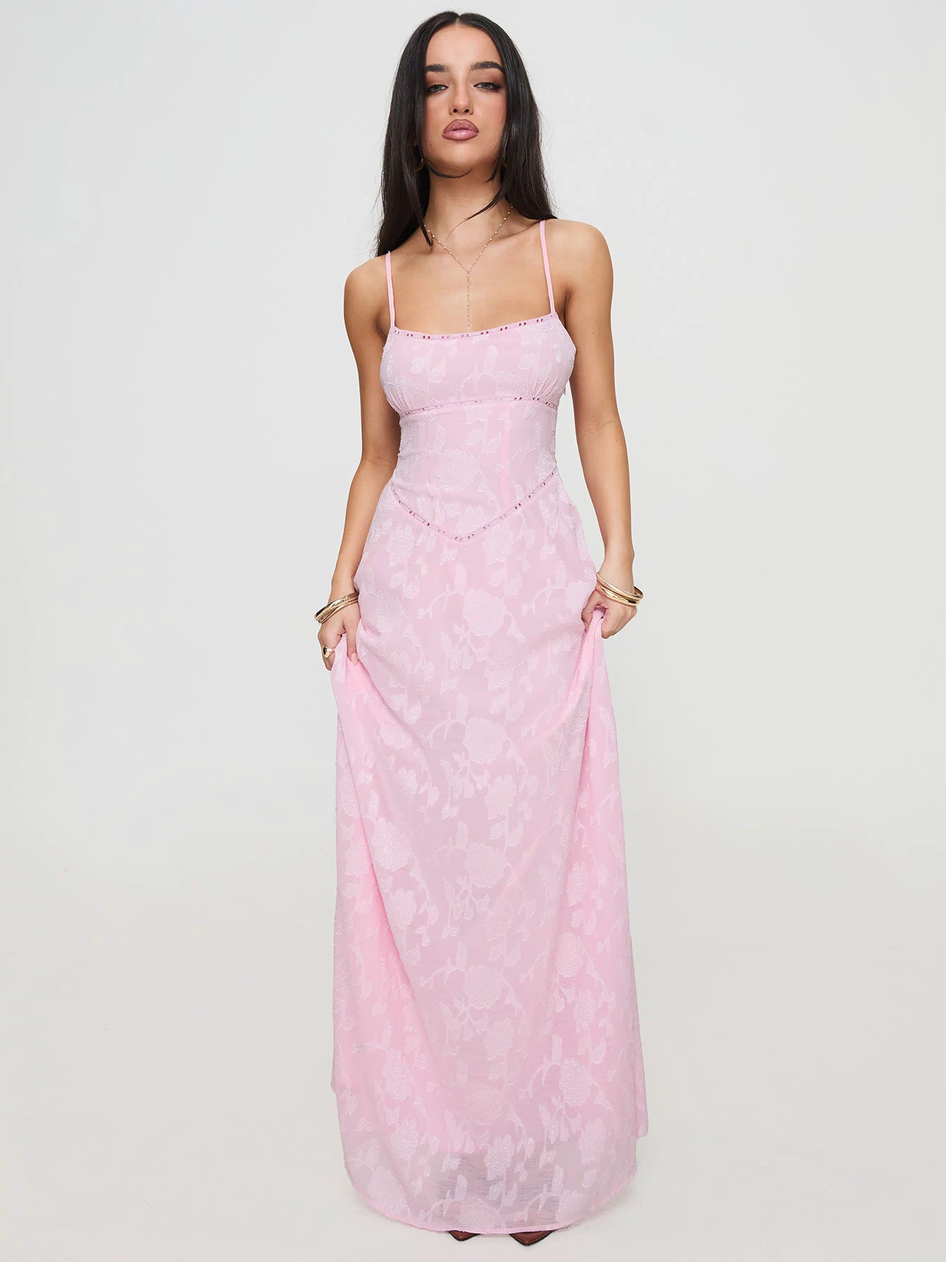 front view of model wearing Princess Polly South Of France Maxi Dress Pink Square Neck 