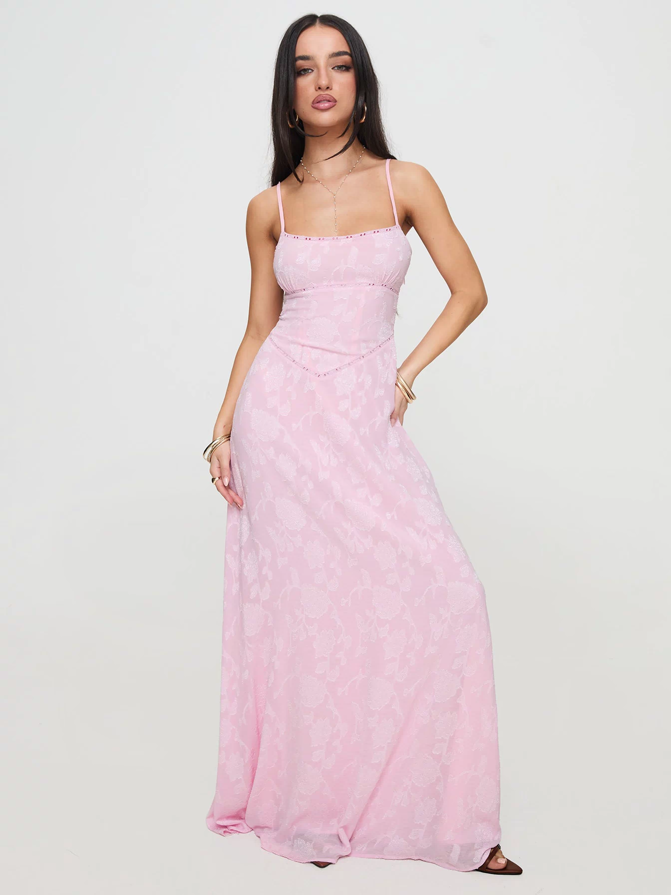 front view of model wearing Princess Polly South Of France Maxi Dress Pink Square Neck 