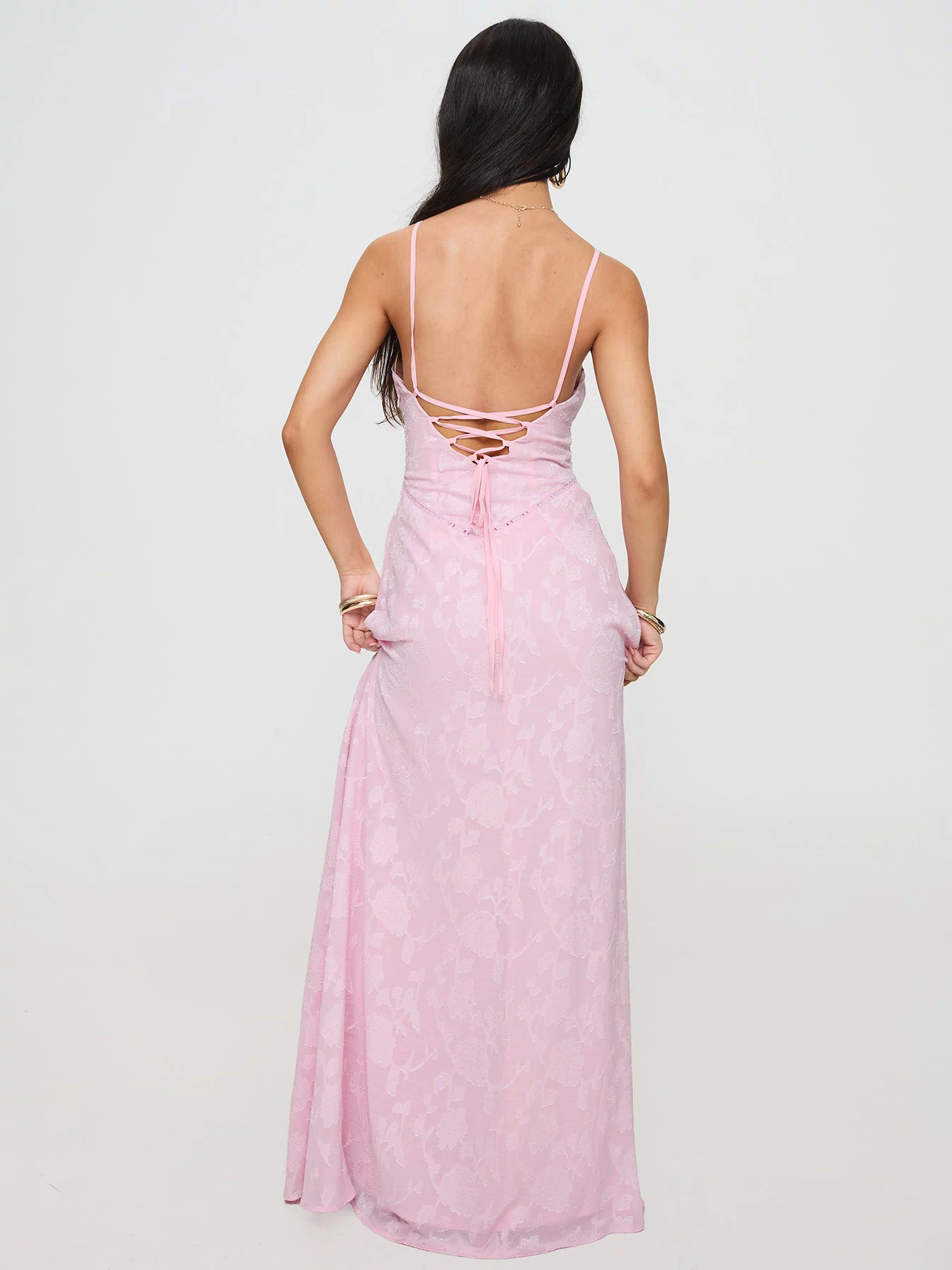 back view of model wearing Princess Polly South Of France Maxi Dress Pink Square Neck 
