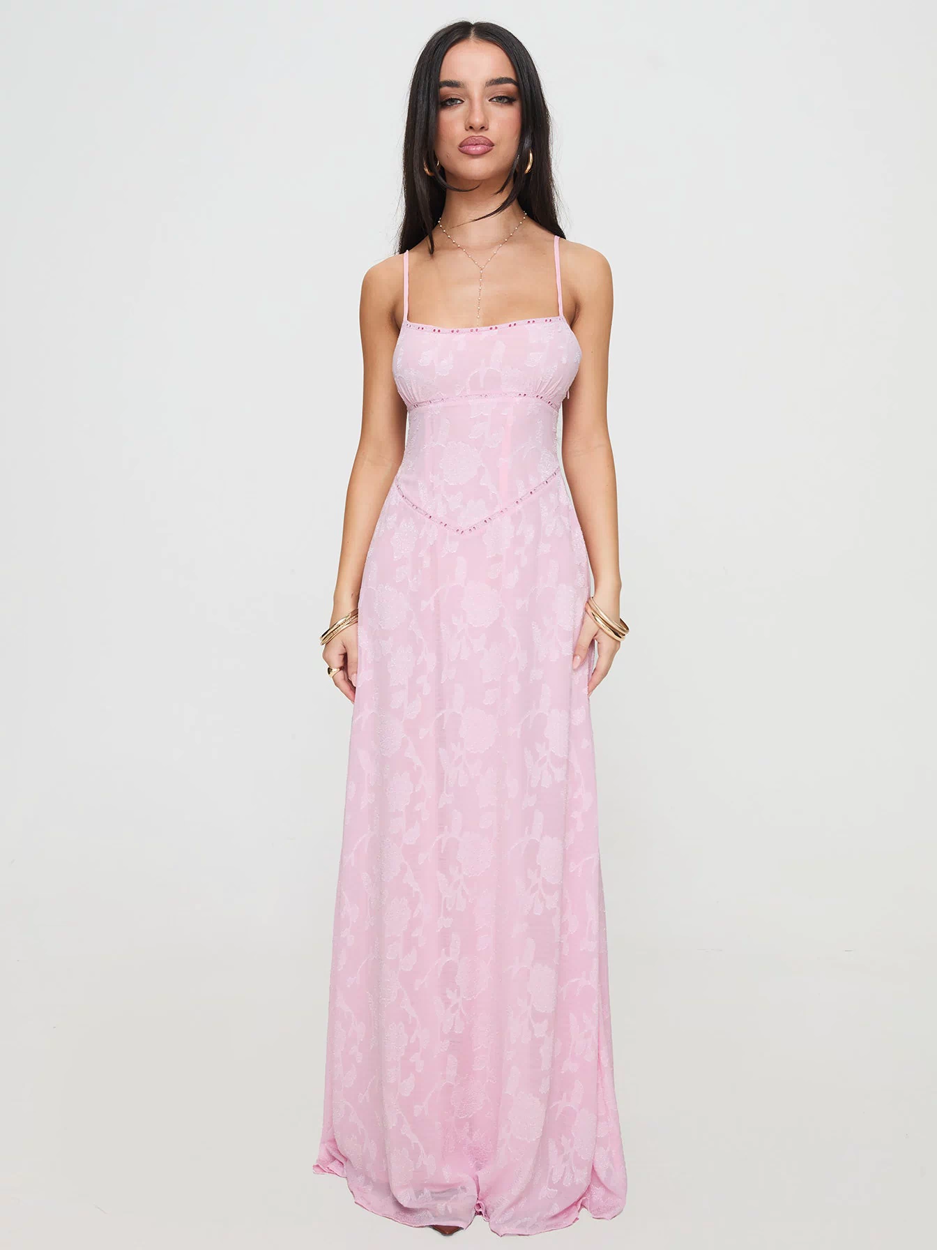 front view of model wearing Princess Polly South Of France Maxi Dress Pink Square Neck 