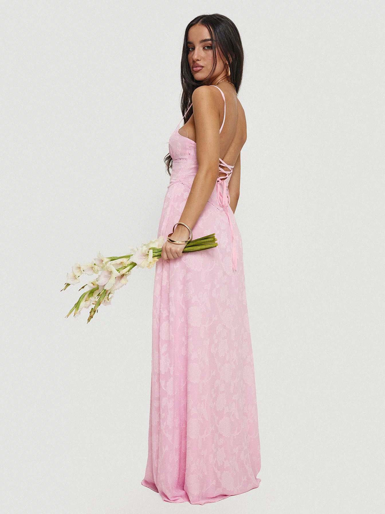 side view of model wearing Princess Polly South Of France Maxi Dress Pink Square Neck 