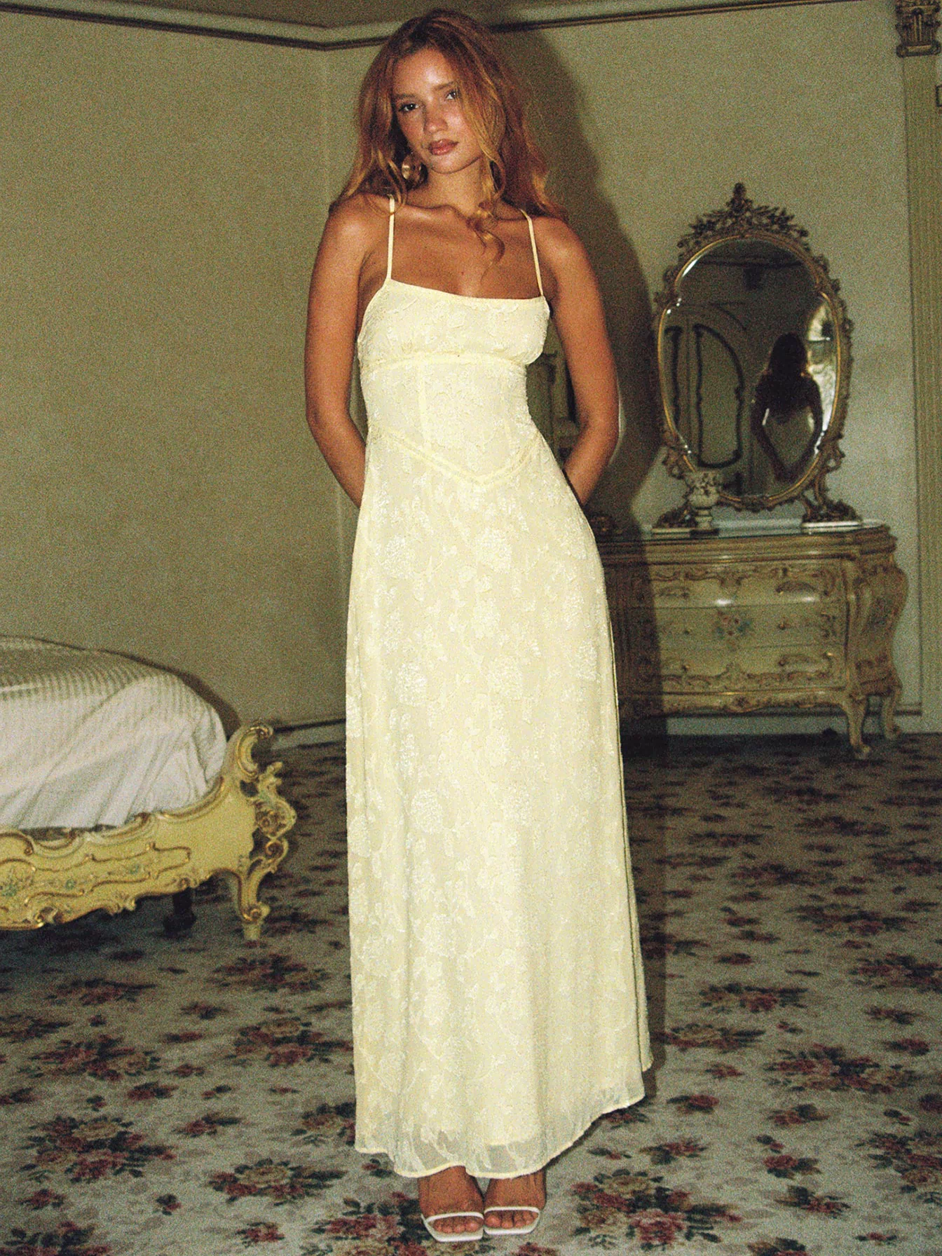 back view of model wearing Princess Polly South Of France Maxi Dress Yellow Square Neck 