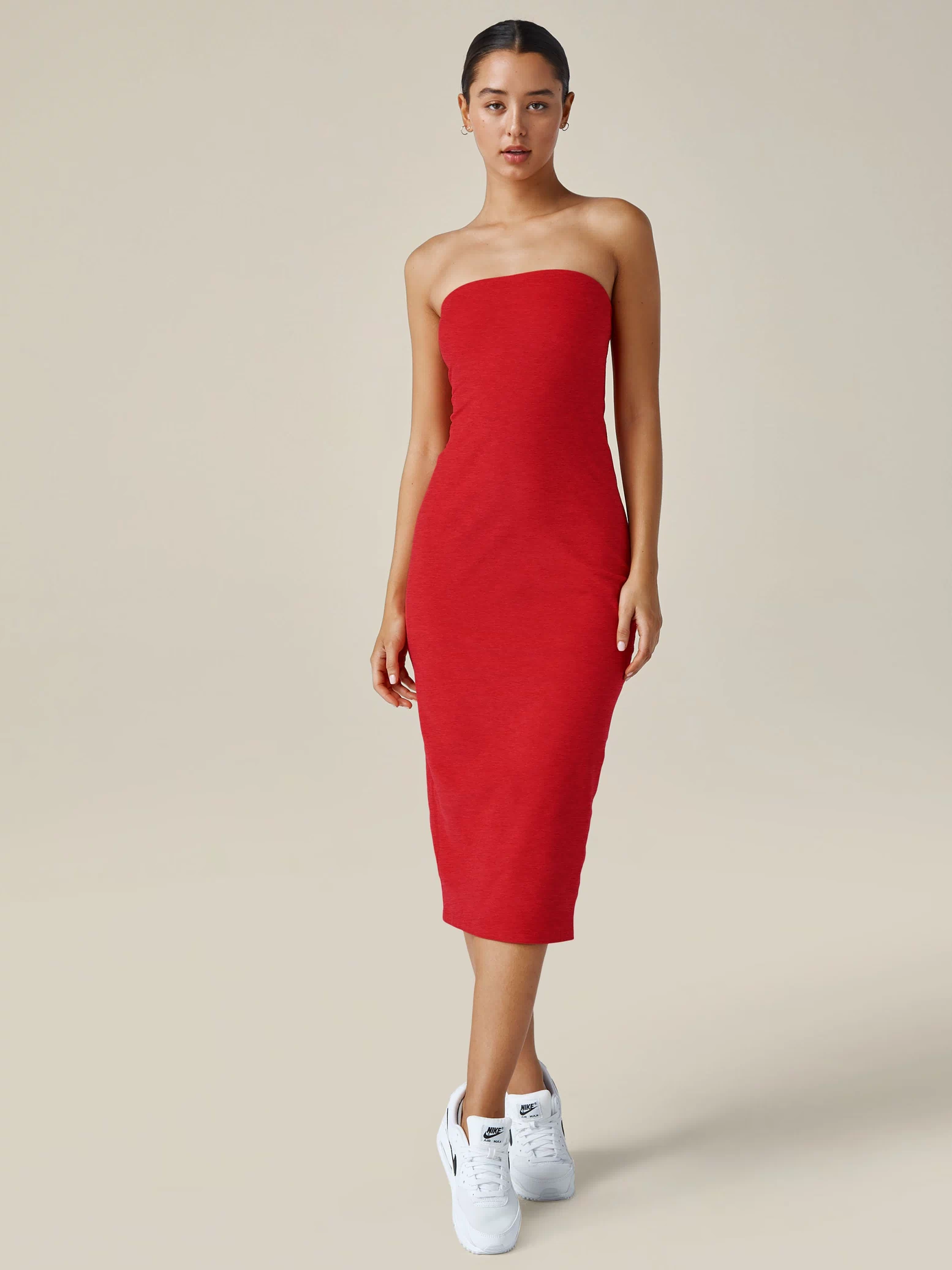 red strapless midi length dress. 