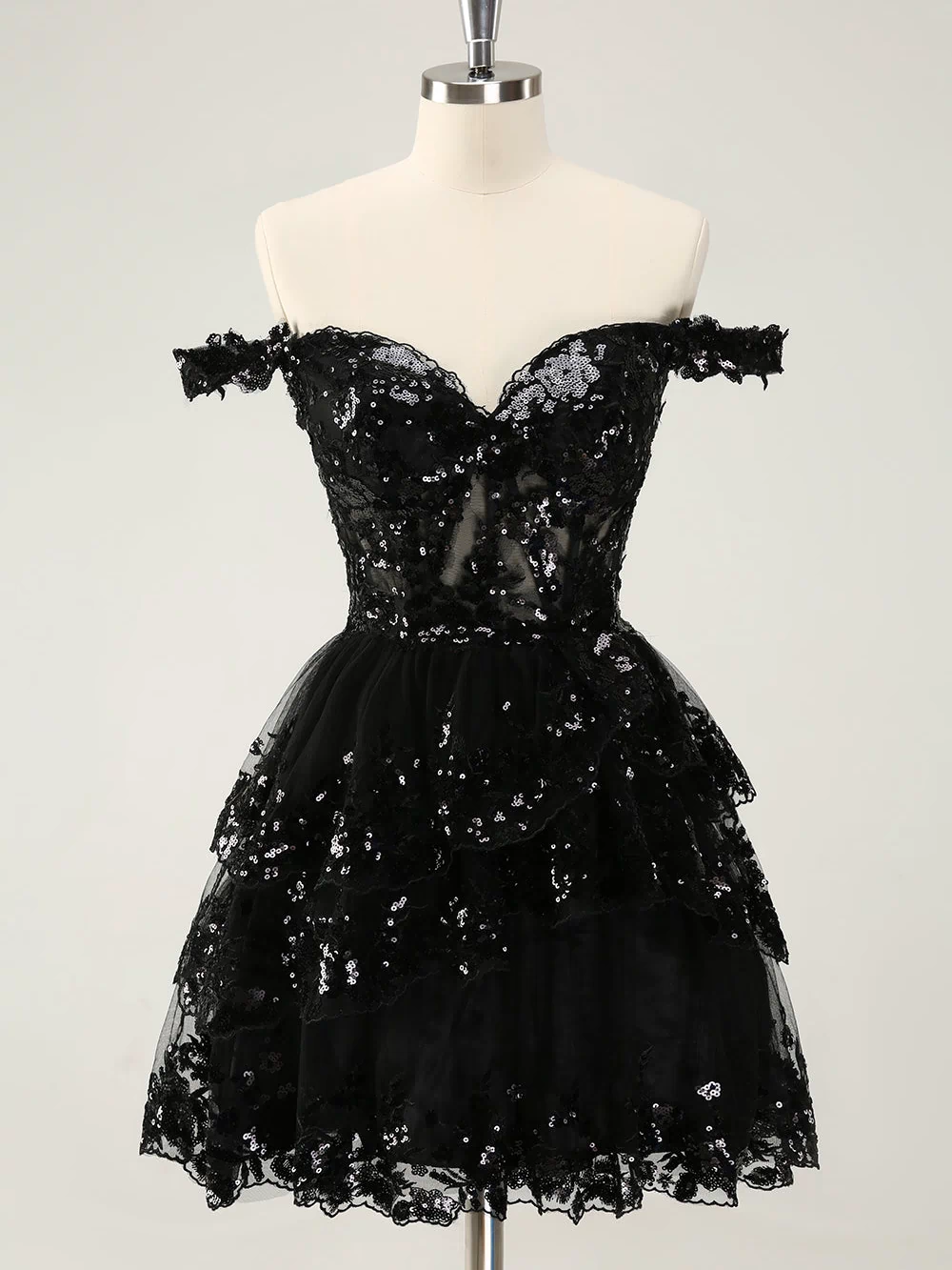 Sparkly Black A Line Off The Shoulder Corset Tiered Lace Short Homecoming Dress