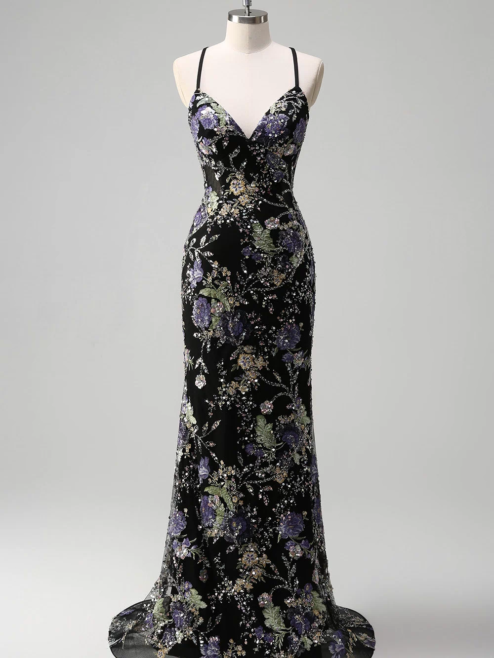 Sparkly Black Floral Mermaid Lace-Up Back Long Prom Dress