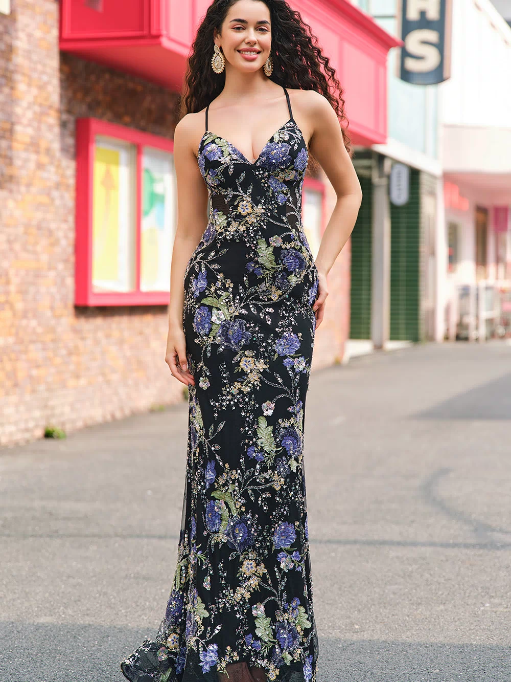 Sparkly Sequins Black Prom Dress with Appliques Mermaid Spaghetti Straps Evening Dress 