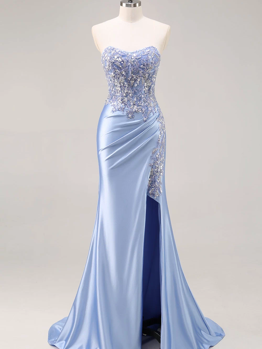 Sparkly Floral Blue Mermaid Beaded Ruched Long Corset Prom Dress with Slit