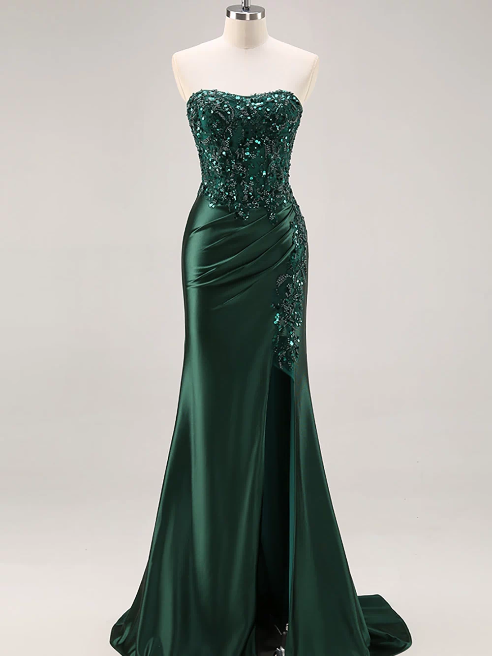 Sparkly Blue Floral Long Corset Prom Dress with Slit Mermaid Beaded Ruched Sweetheart Gala Dress
