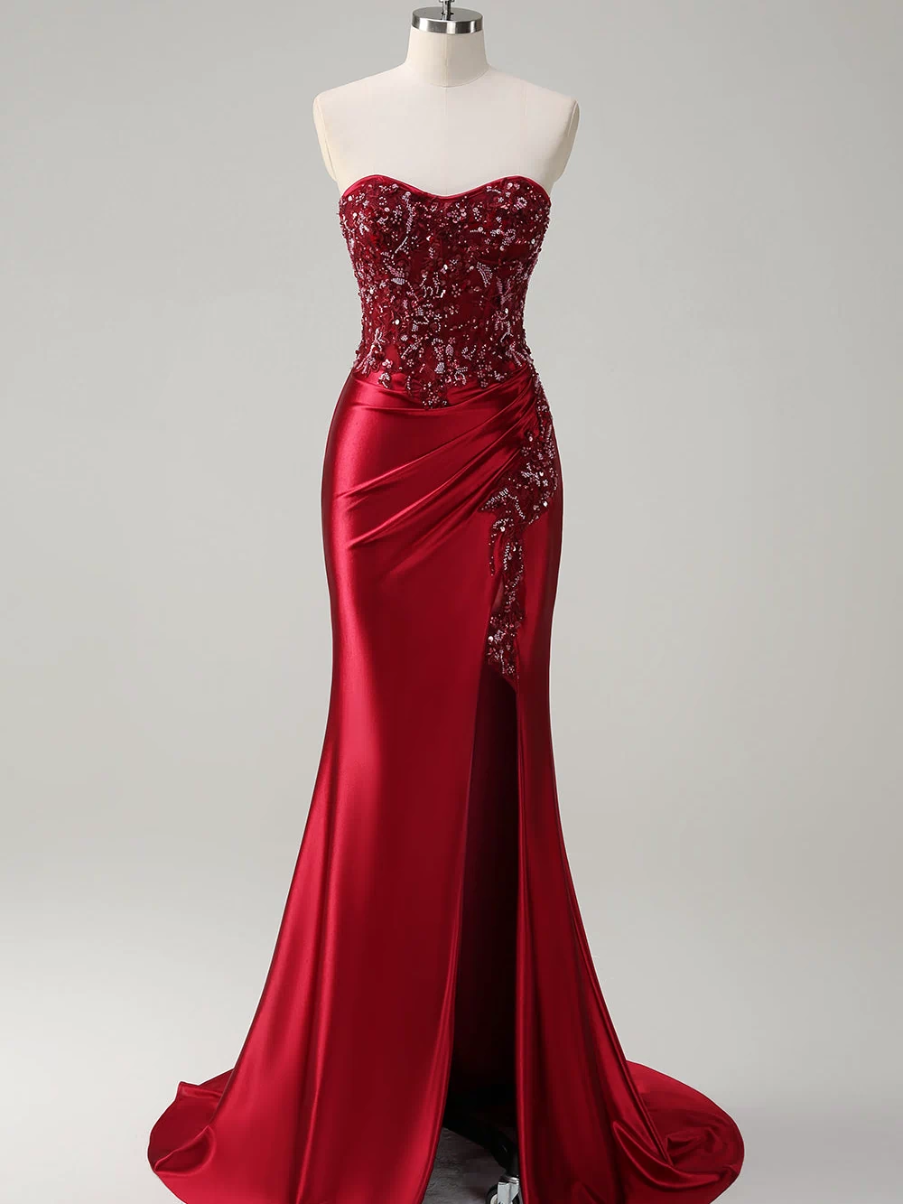 ZAPAKASA Women Sparkly Dark Red Floral Mermaid Long Prom Dress with Slit Beaded Corset Formal Wedding Guest Dress