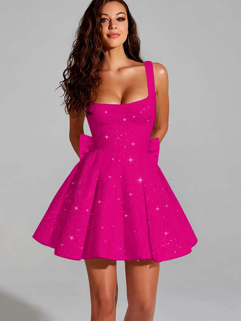 Sparkly Fuchsia Sequin A Line Scoop Short Homecoming Dress with Bow