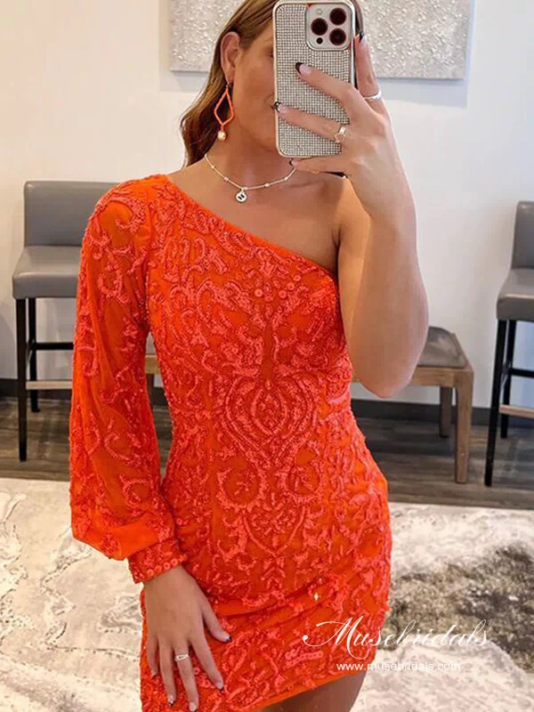 Sparkly Orange Sheath Sequins One Shoulder Mini Homecoming Dresses, MH583