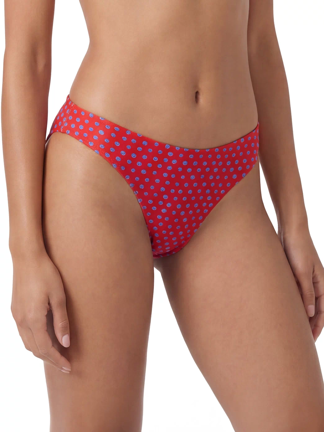 Red Sporti bikini bottoms designed for active recreation, featuring a blue polka dot pattern. Ideal for swimming and beach activities, offering style and comfort.