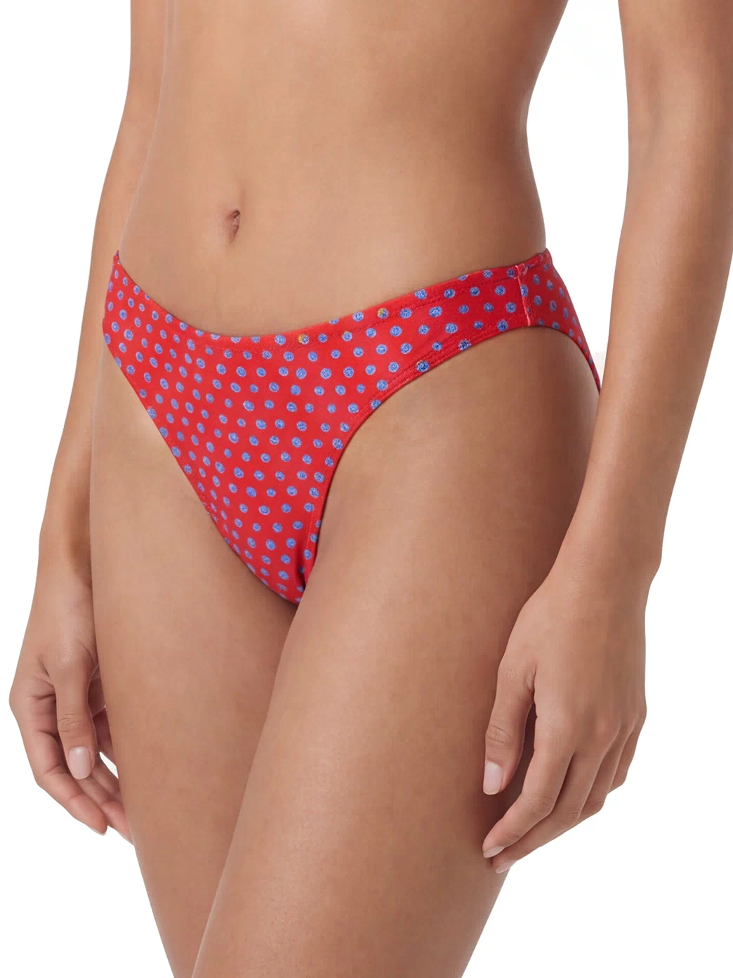 Sporti red bikini bottoms designed for active recreation, featuring a stylish blue polka dot pattern. Perfect for swimming and beach activities, these bottoms combine comfort and fashion. Ideal for those seeking durable swimwear with a vibrant design.