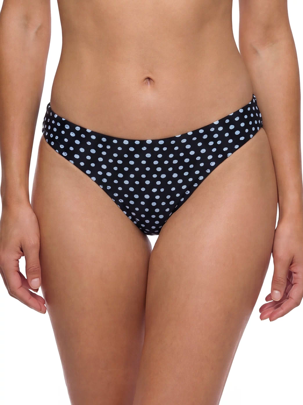 Sporti bikini bottoms in black with a stylish polka dot pattern, designed for active recreation. These swimwear bottoms offer a comfortable fit, ideal for swimming and beach activities. Perfect for those seeking a blend of fashion and functionality.