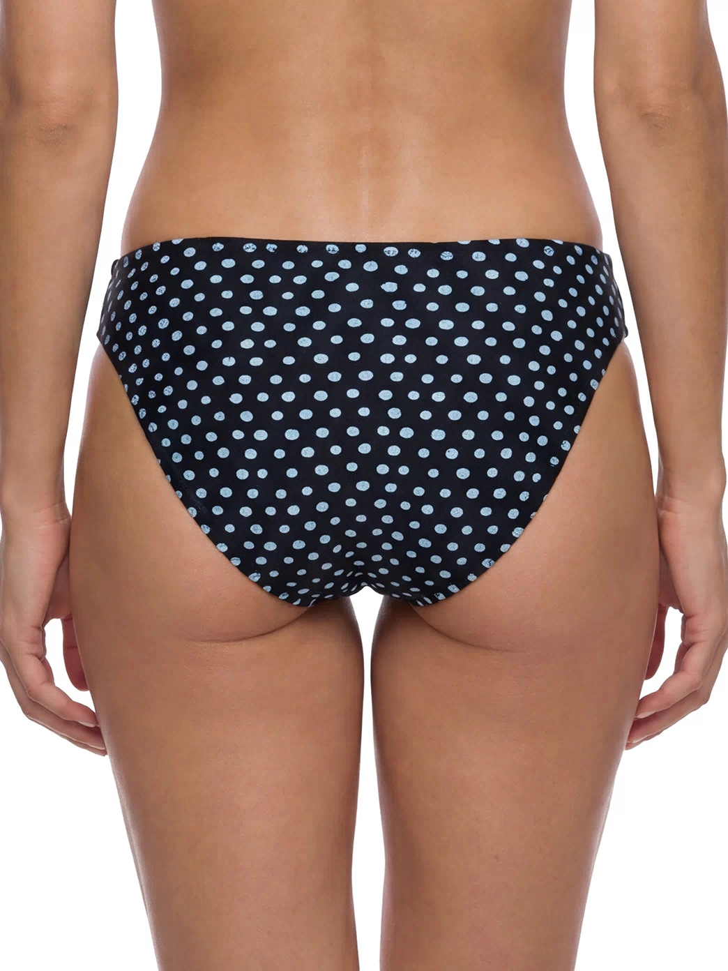 Sporti Bikini Bottoms in black with a stylish polka dot pattern, designed for active recreation. Ideal for swimming and beach activities, offering comfort and durability. Perfect for those seeking fashionable swimwear with a classic design.