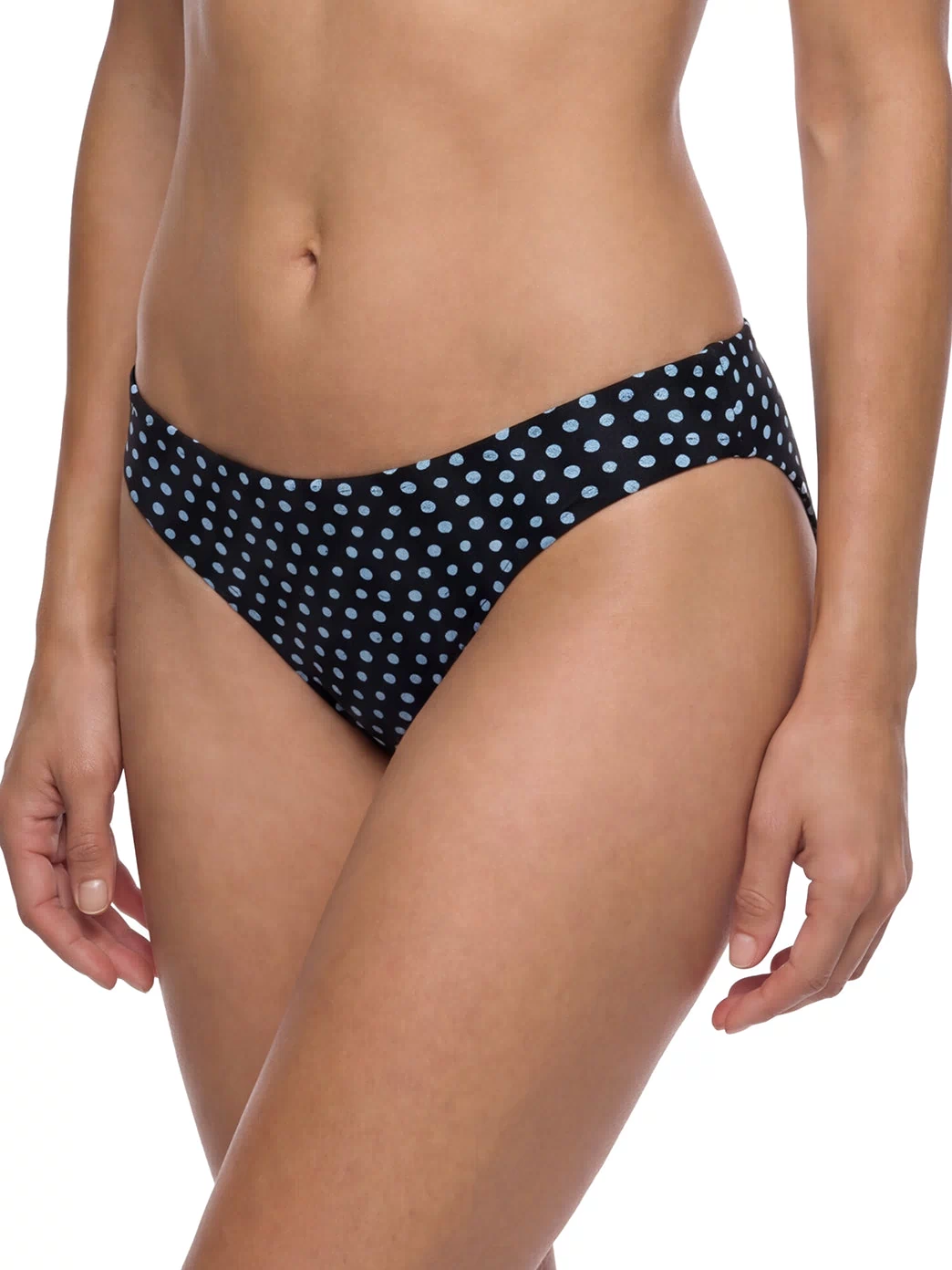 Sporti bikini bottoms in black with a stylish polka dot pattern, designed for active recreation. The comfortable and durable fabric ensures a perfect fit for swimming and beach activities. Ideal for those seeking fashionable swimwear with a sporty edge.