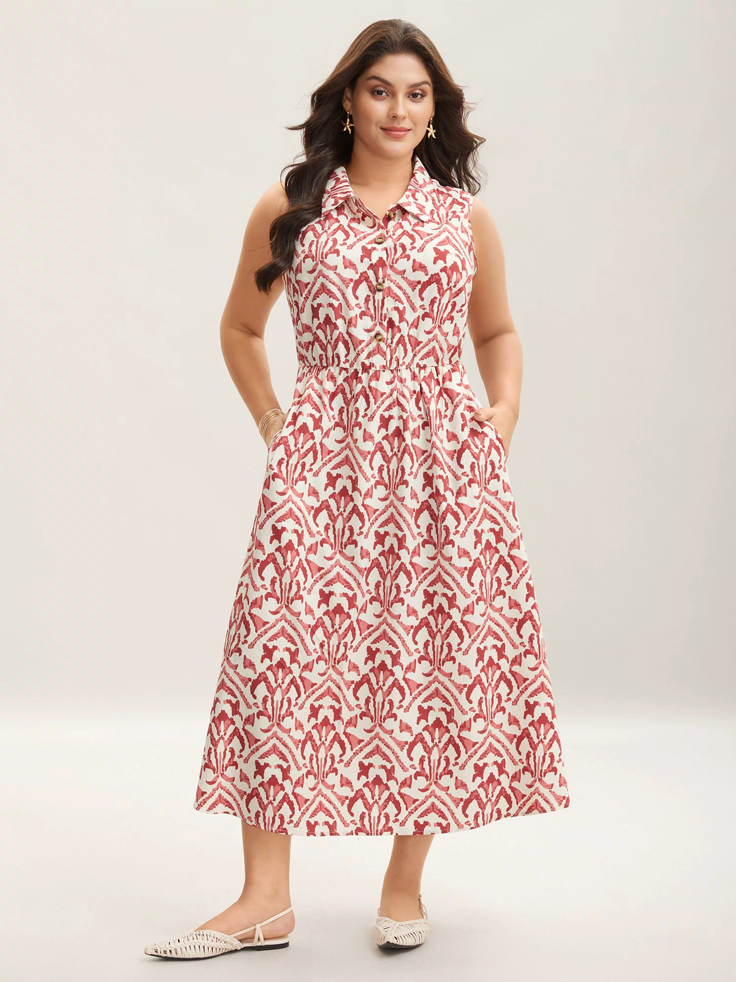 Spring Abstract Print Shirt Collar Midi Dress