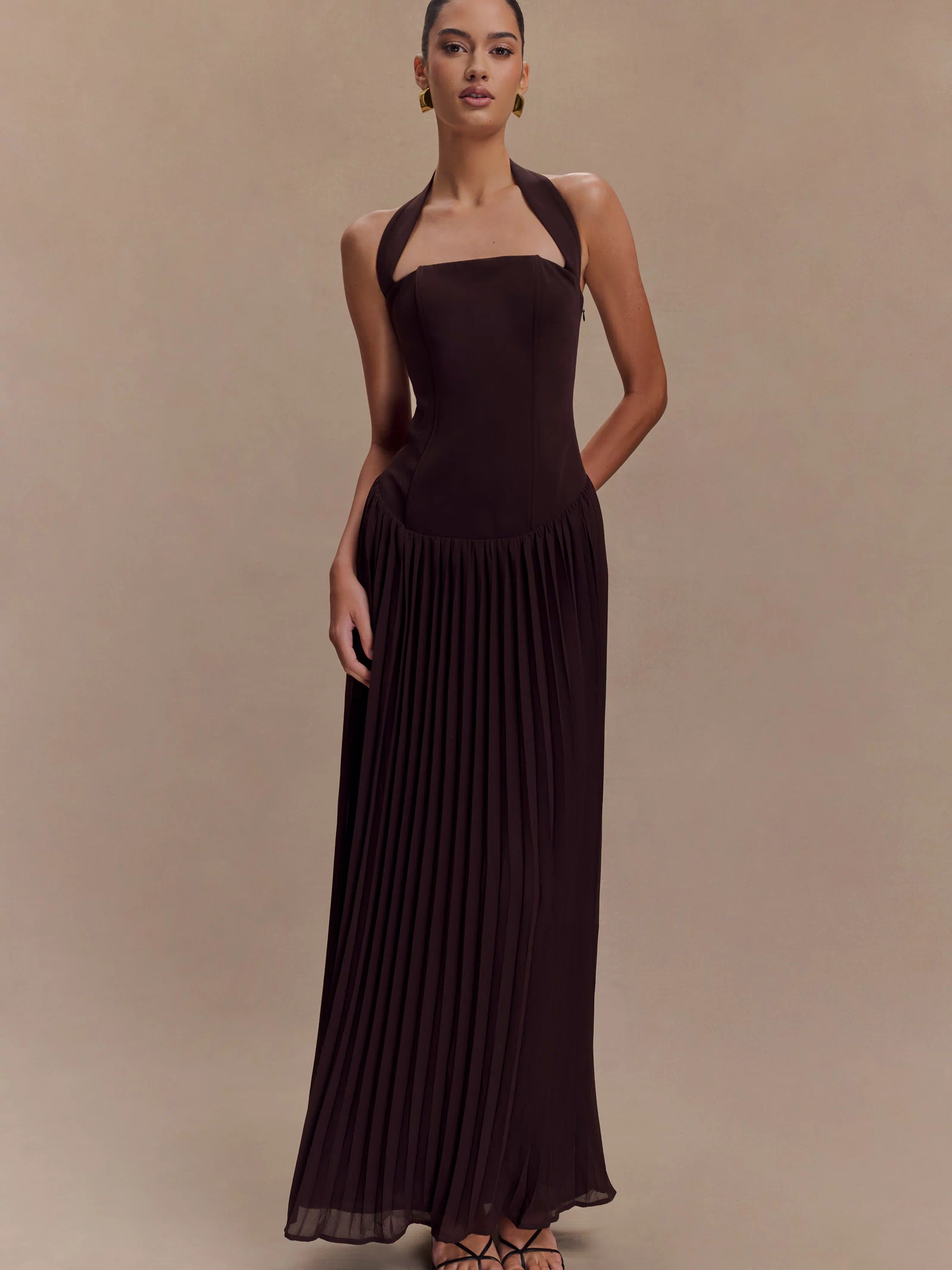 Stacie Pleated Halter Maxi Dress - Cacao