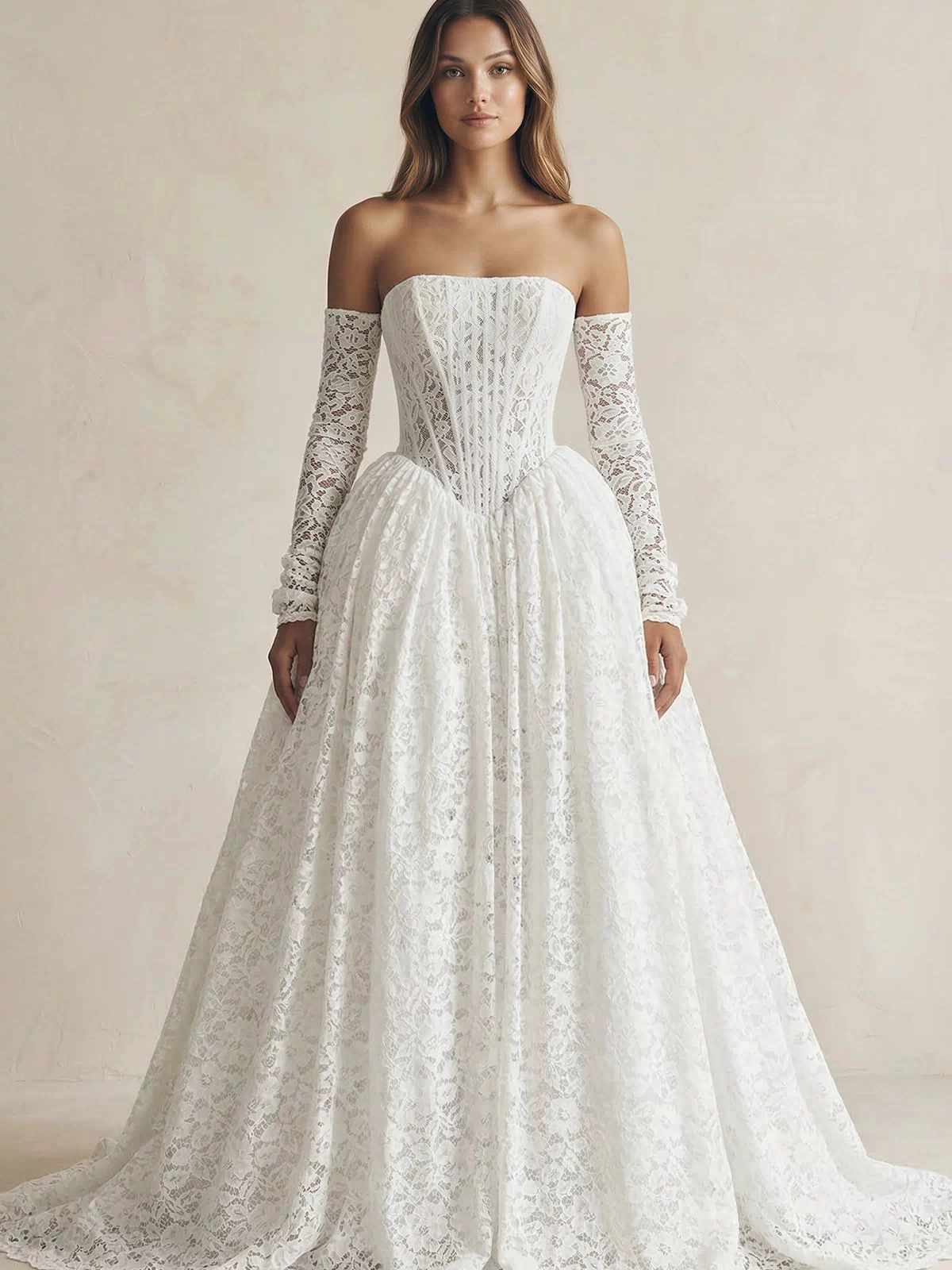 Ball Gown Lace Strapless Appliqued Wedding Dress in White