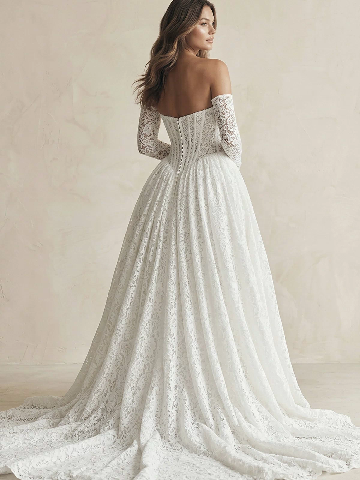 A - Line Lace Strapless Appliqued Wedding Dress in White - KISS BRIDAL Wedding Dresses