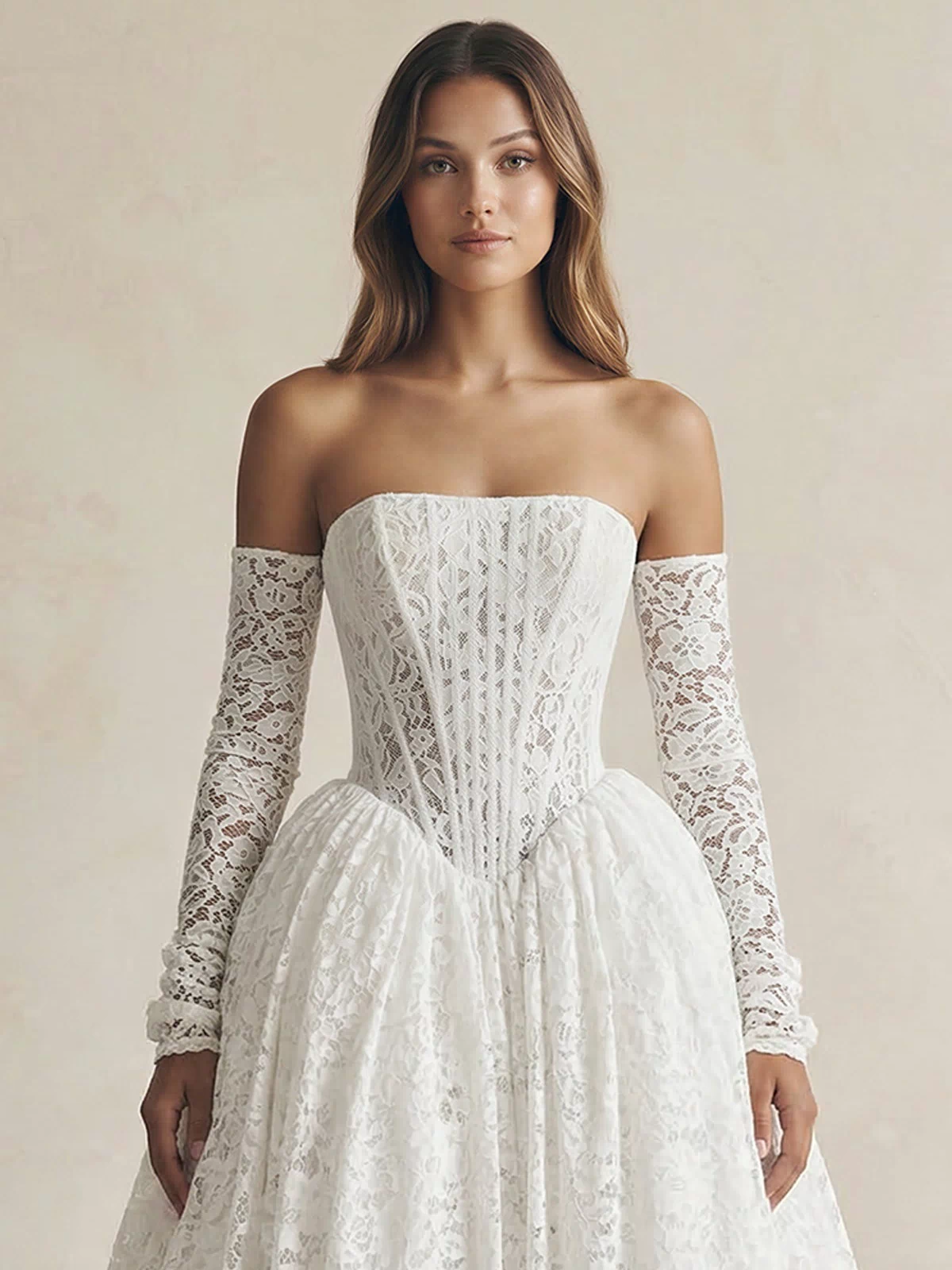 A - Line Lace Strapless Appliqued Wedding Dress in White - KISS BRIDAL Wedding Dresses
