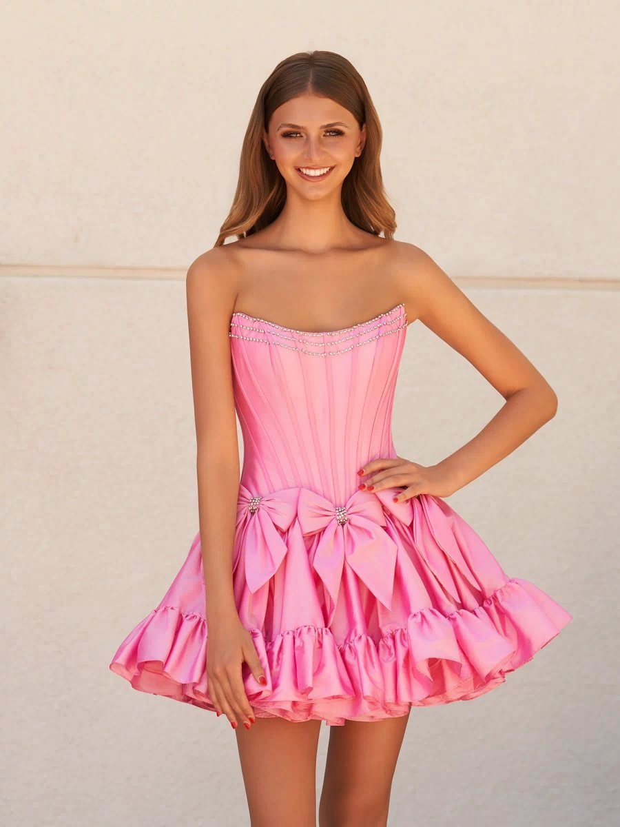Pink Strapless Beaded Short Homecoming Dress with Bow - KISSPROM