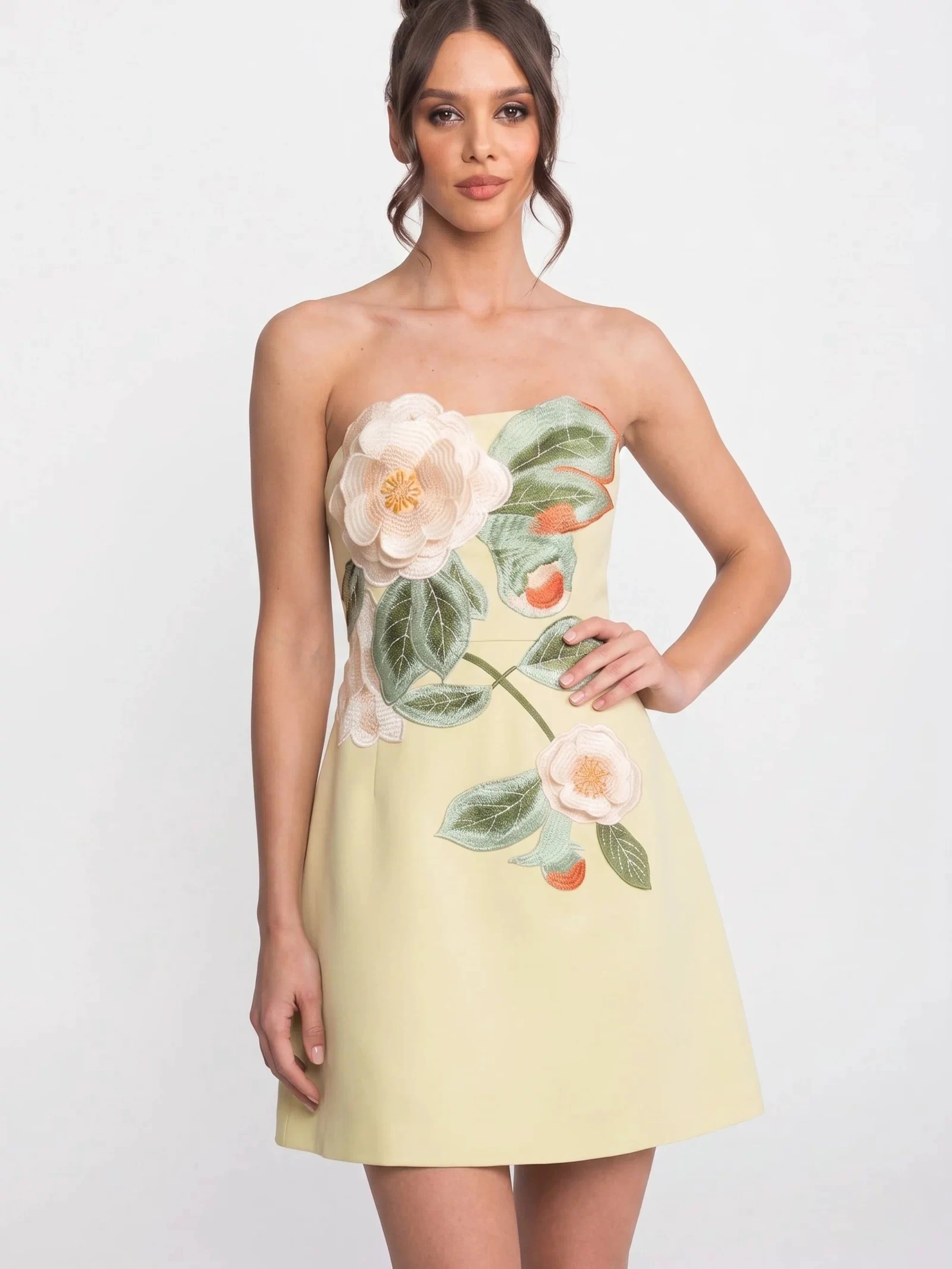 Strapless Mini Dress With 3D Camellia Floral Appliqué - Yellow
