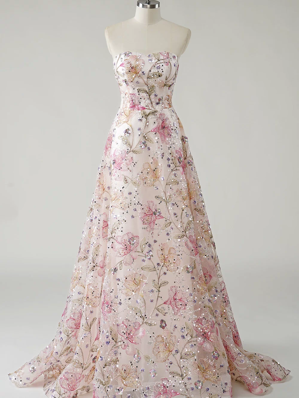 Strapless Pink Sequined Floral A-Line Prom Dress