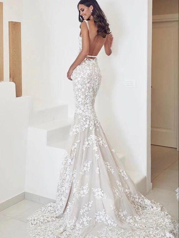 Straps Mermaid Wedding Dresses Lace Appliqued Bridal Gowns