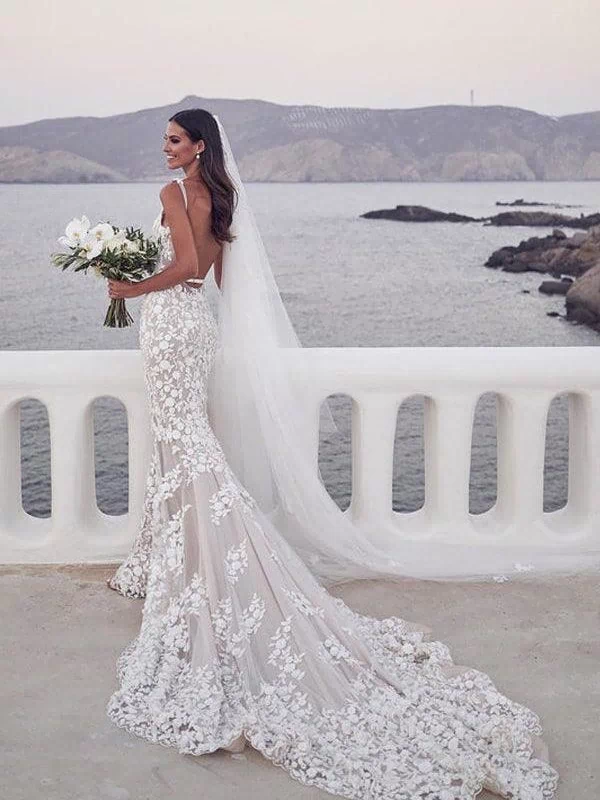 Straps Mermaid Wedding Dresses Lace Appliqued Bridal Gowns