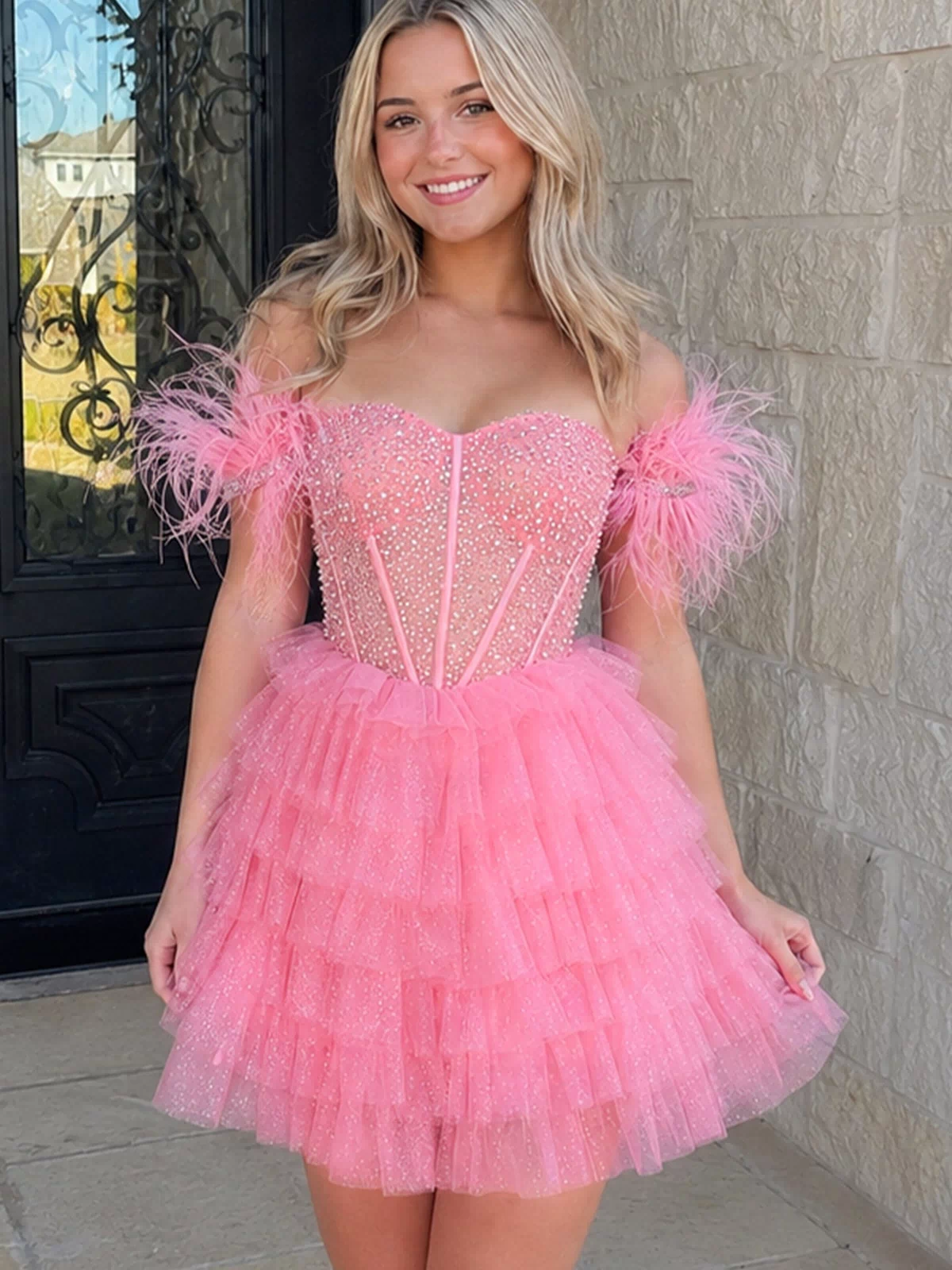 A Line Off the Shoulder Homecoming Dress with Beading