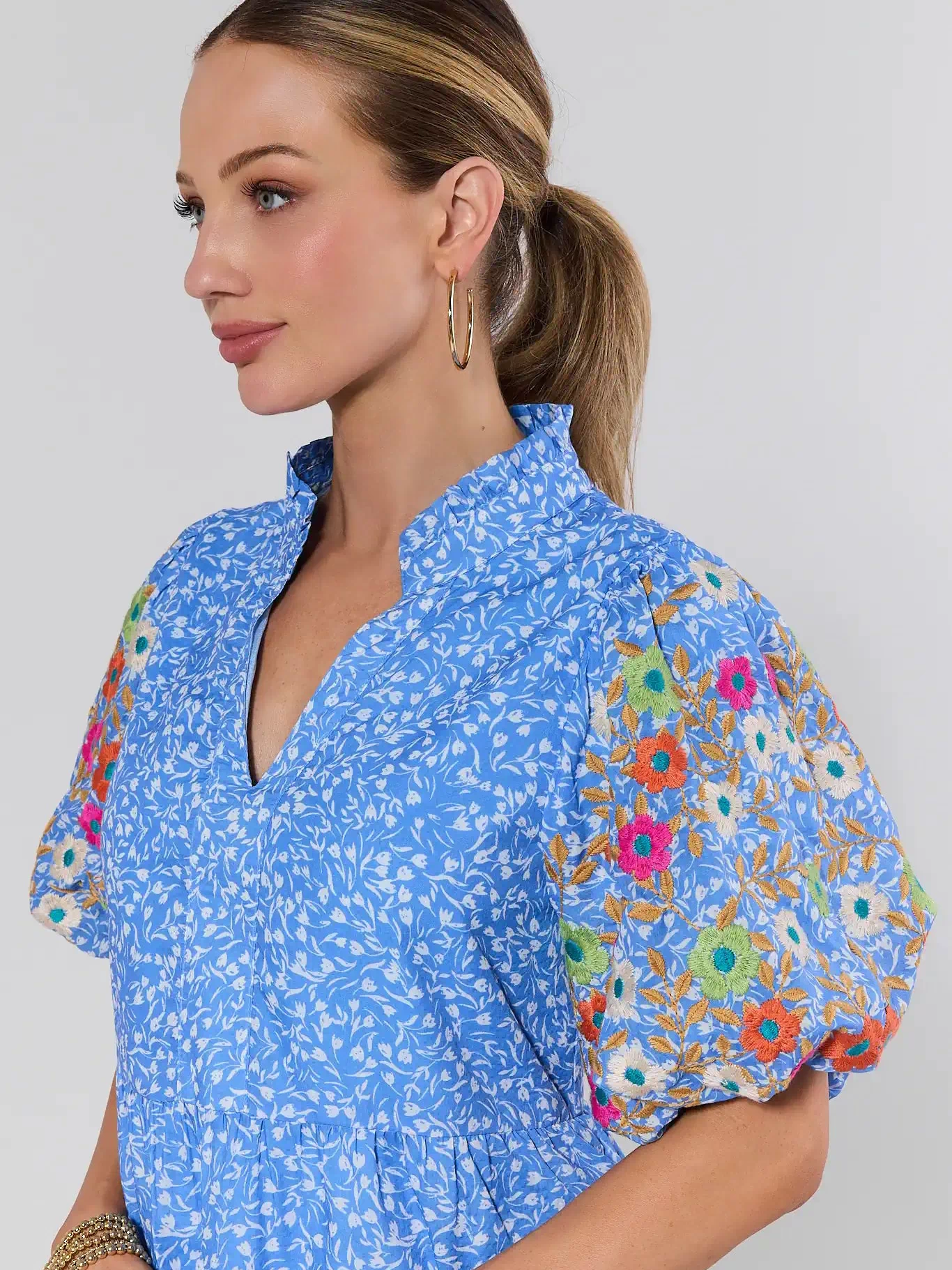 Sue Ann Blue Floral Short Dress by THML - close-up of colorful embroidered puff sleeves and ruffle neckline, side angle | Avara