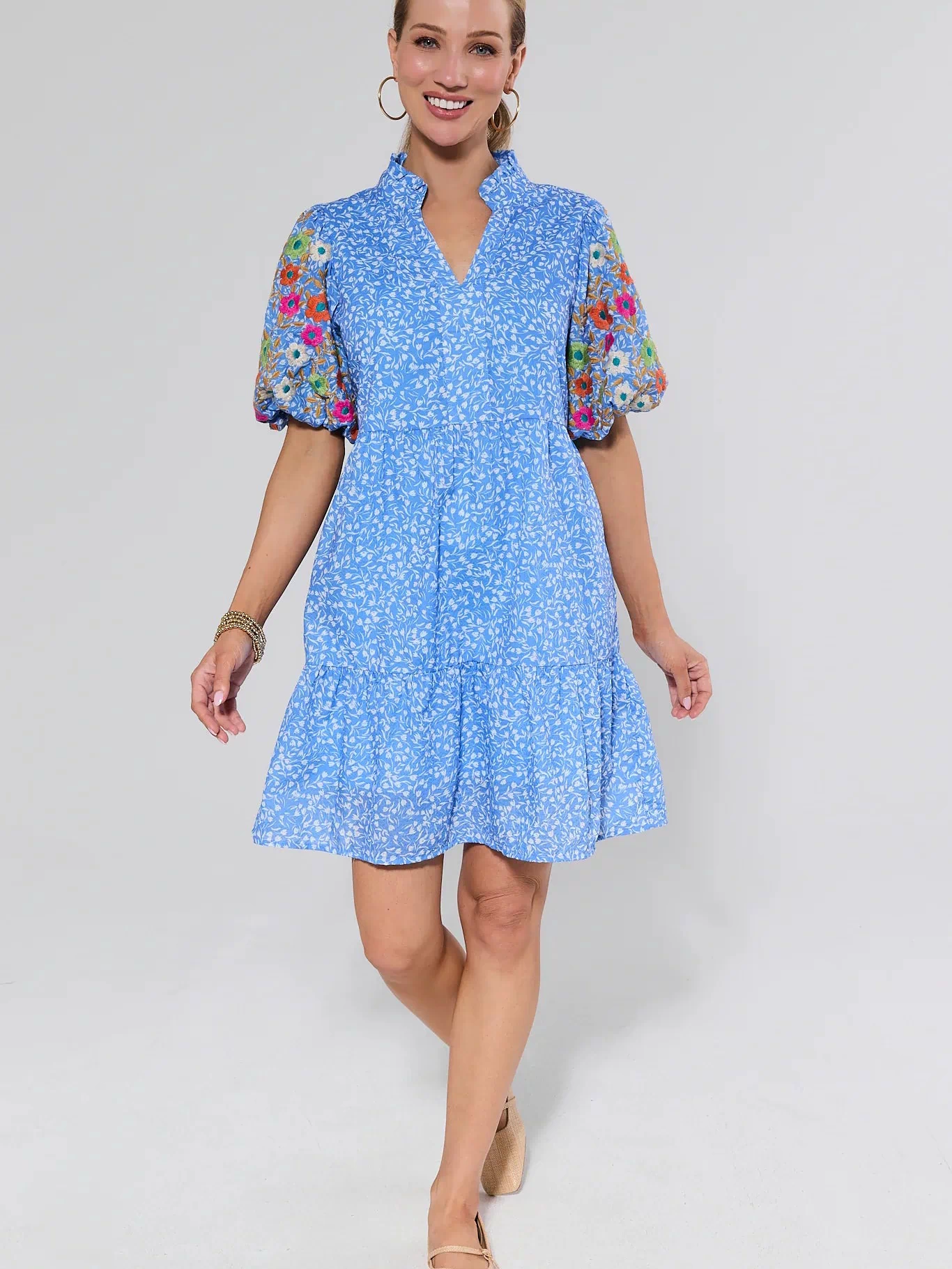 Sue Ann Blue Floral Short Dress by THML - tiered shift dress with embroidered sleeves, full-length front view, styled with nude flats | Avara