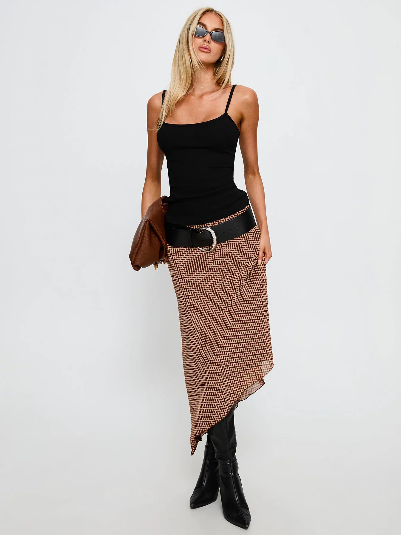   front view of model wearing Princess Polly Suella Asymmetrical Midi Skirt Brown Polka Dot Midi Skirts 