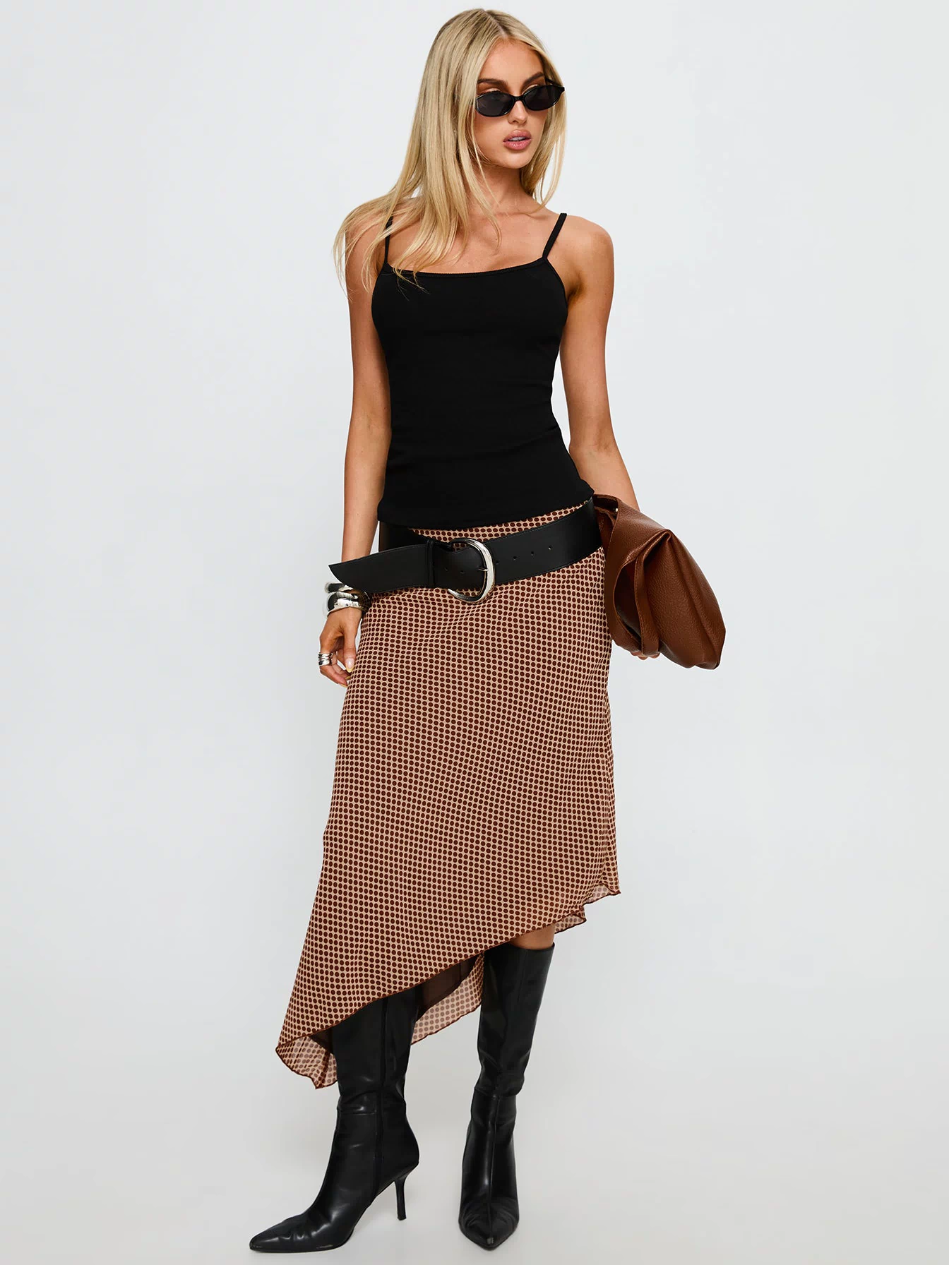   front view of model wearing Princess Polly Suella Asymmetrical Midi Skirt Brown Polka Dot Midi Skirts 