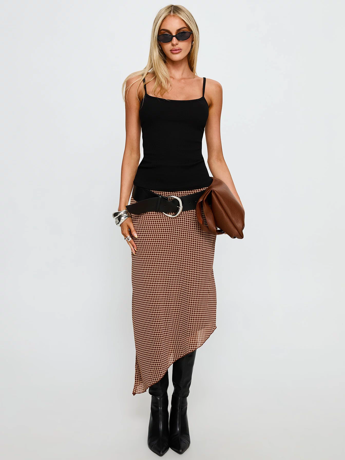  front view of model wearing Princess Polly Suella Asymmetrical Midi Skirt Brown Polka Dot Midi Skirts 
