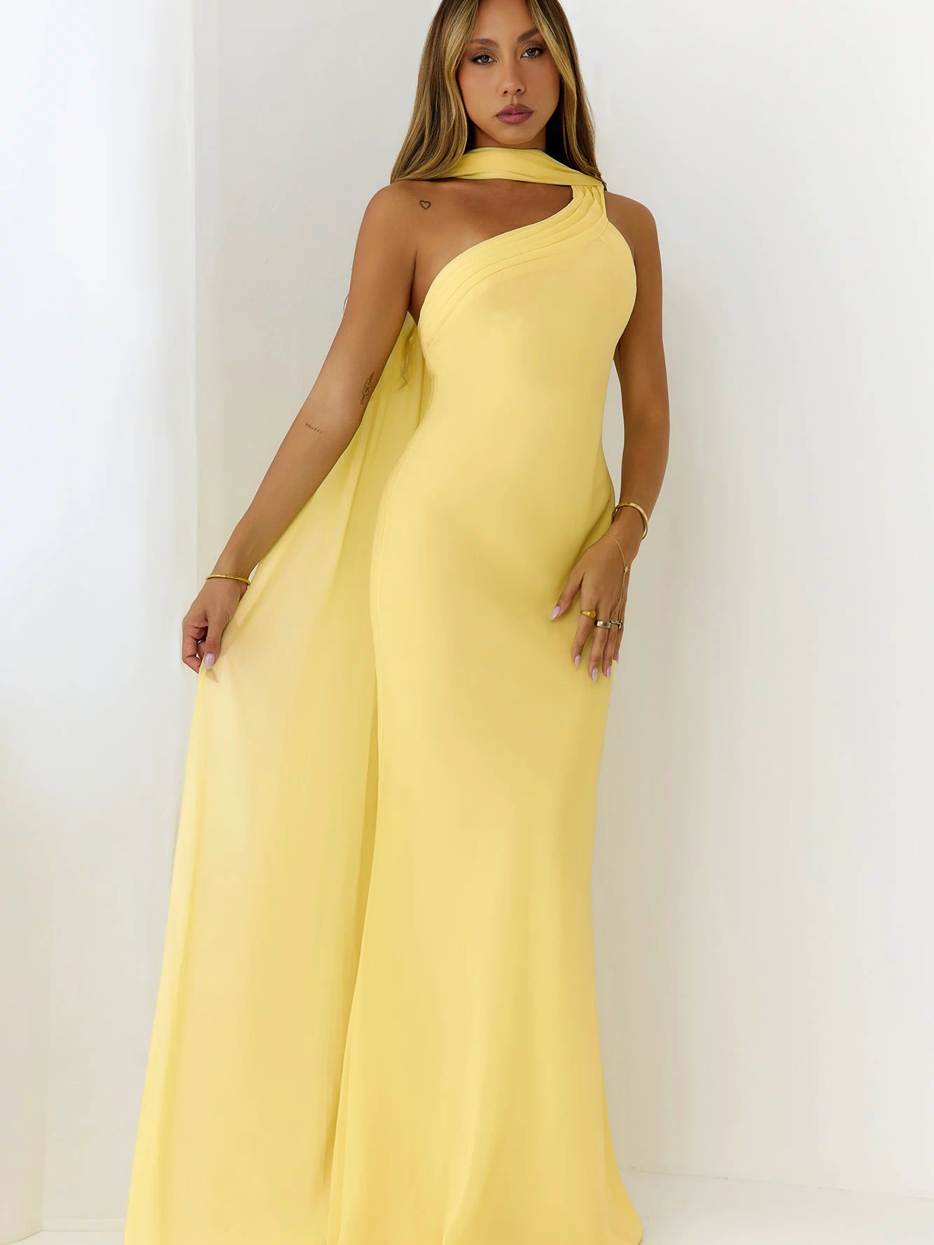 Sultry Drape One Shoulder Maxi Dress Yellow